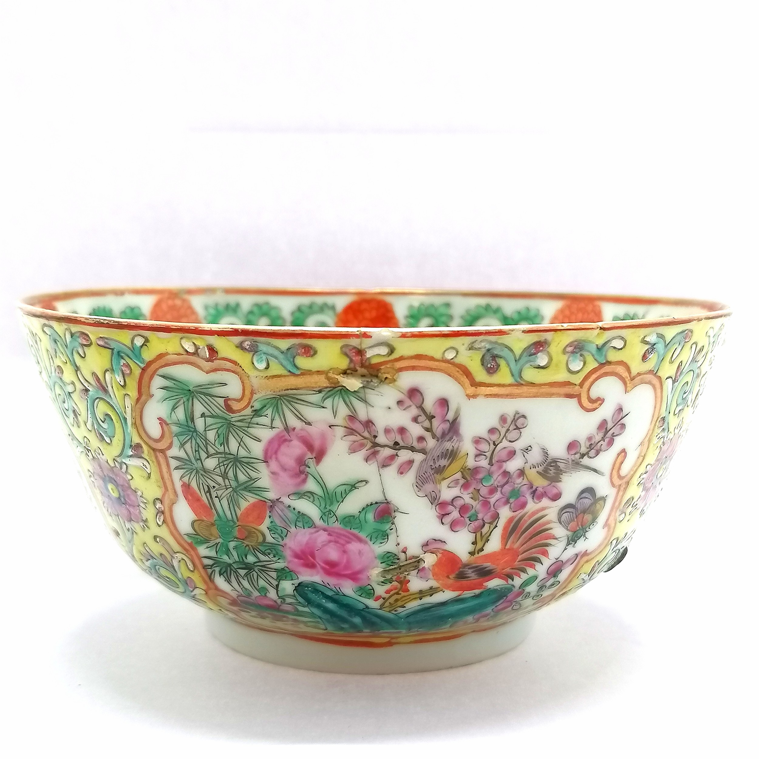 Antique Chinese famille rose bowl - yellow grounded with profuse floral & butterfly & bird (inc - Image 7 of 10