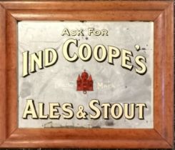 Antique Ind Coope's ales & stout advertising mirror in a maple frame - 32cm x 27cm