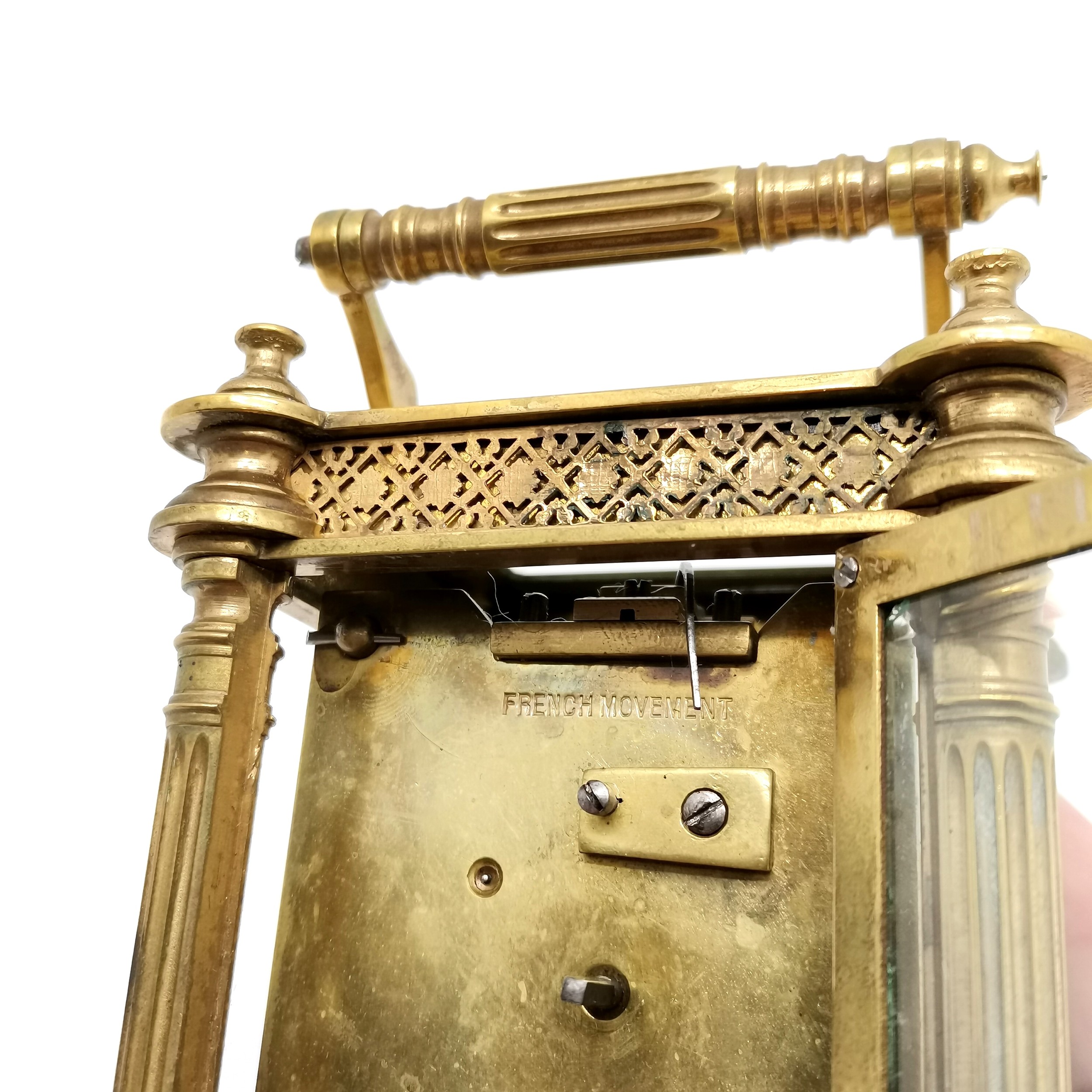 Antique brass cased carriage clock with fluted column detail - 13cm high & running at time of - Image 4 of 5
