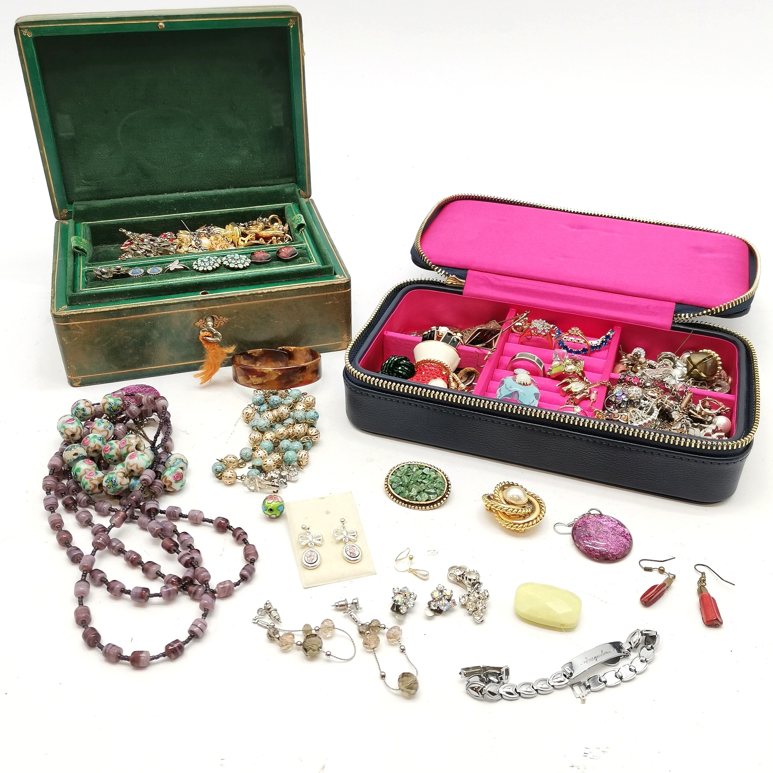 2 x vintage jewellery boxes containing costume jewellery (some antique) inc Venetian beads etc -