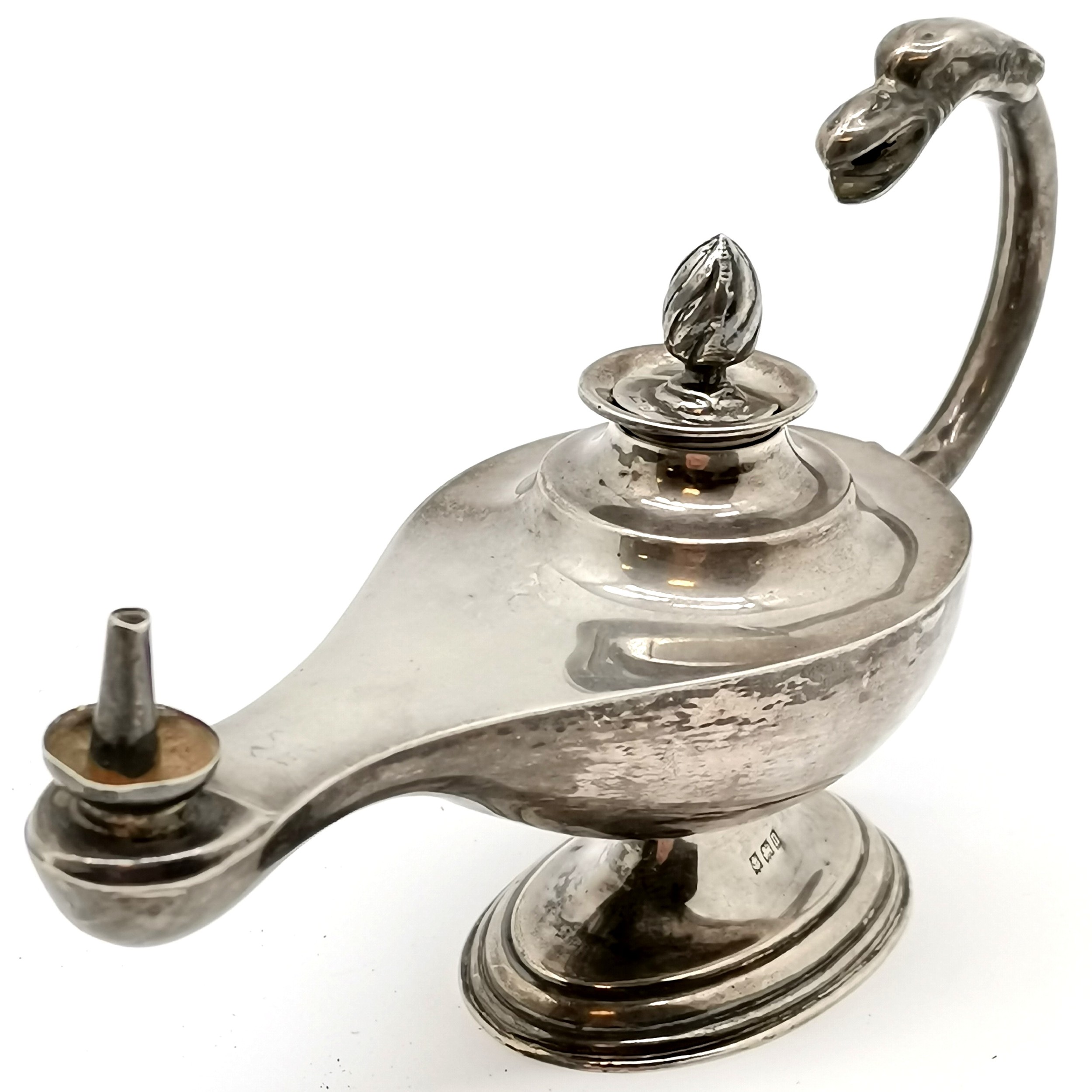 1912 silver genie lamp design table lighter with later silver stopper - 9cm high x 14.5cm long & 79g - Image 3 of 5