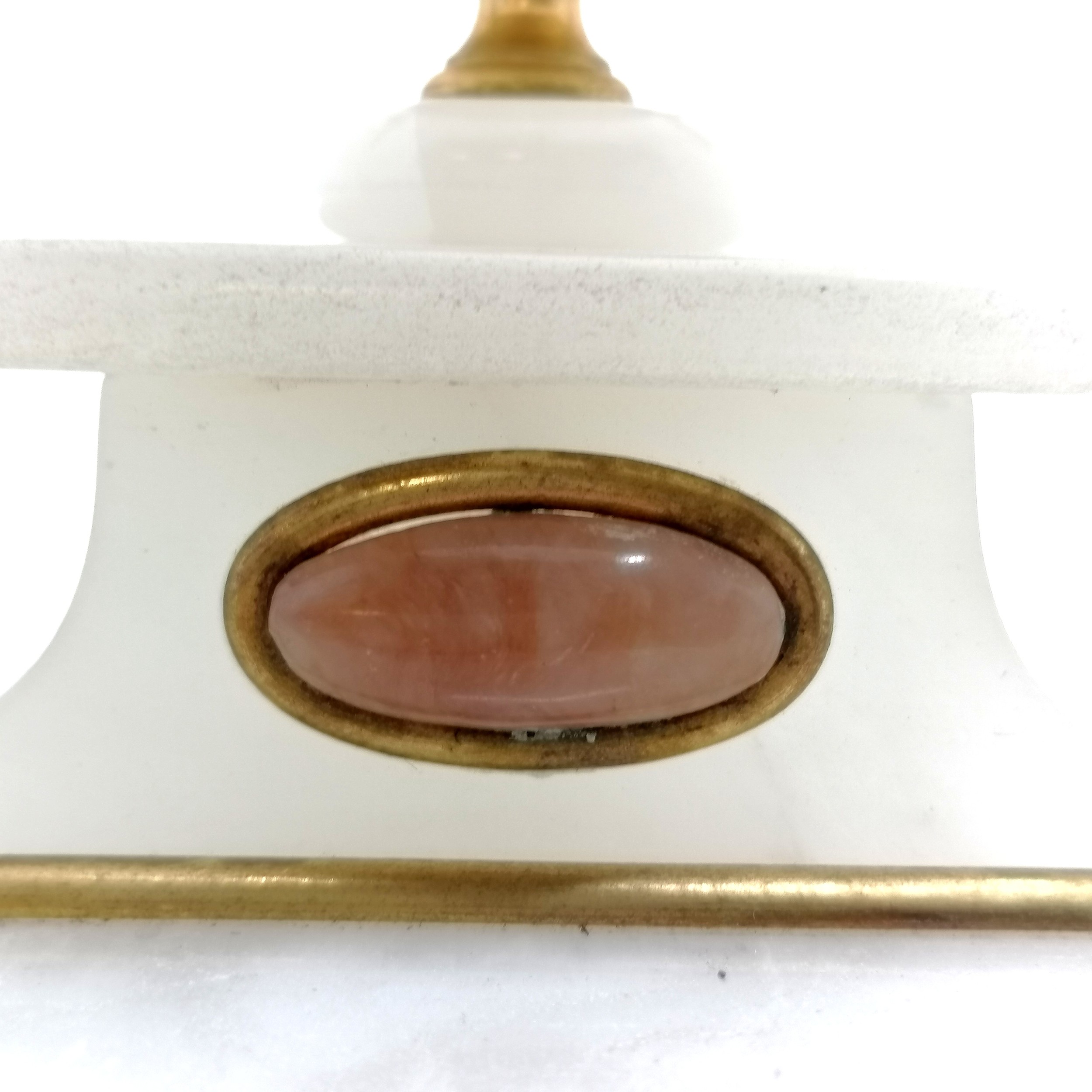 Antique Yates Haywood & Co (London) alabaster & gilt metal mounted bell strike clock under glass - Image 5 of 6