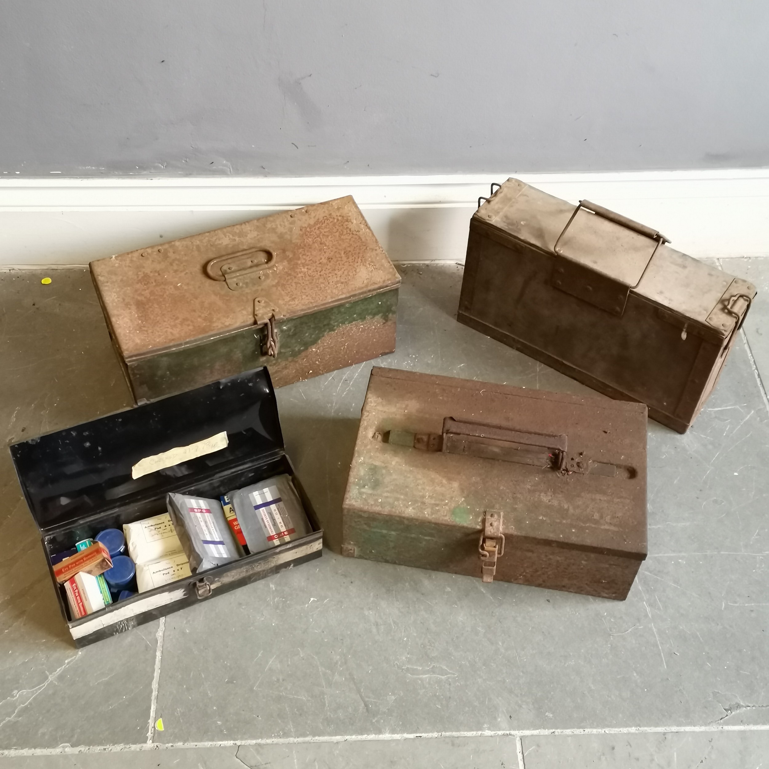 Vintage green metal tool box, 42cm wide x 19cm deep x 19cm high, 2 others t/w Vintage Romac metal