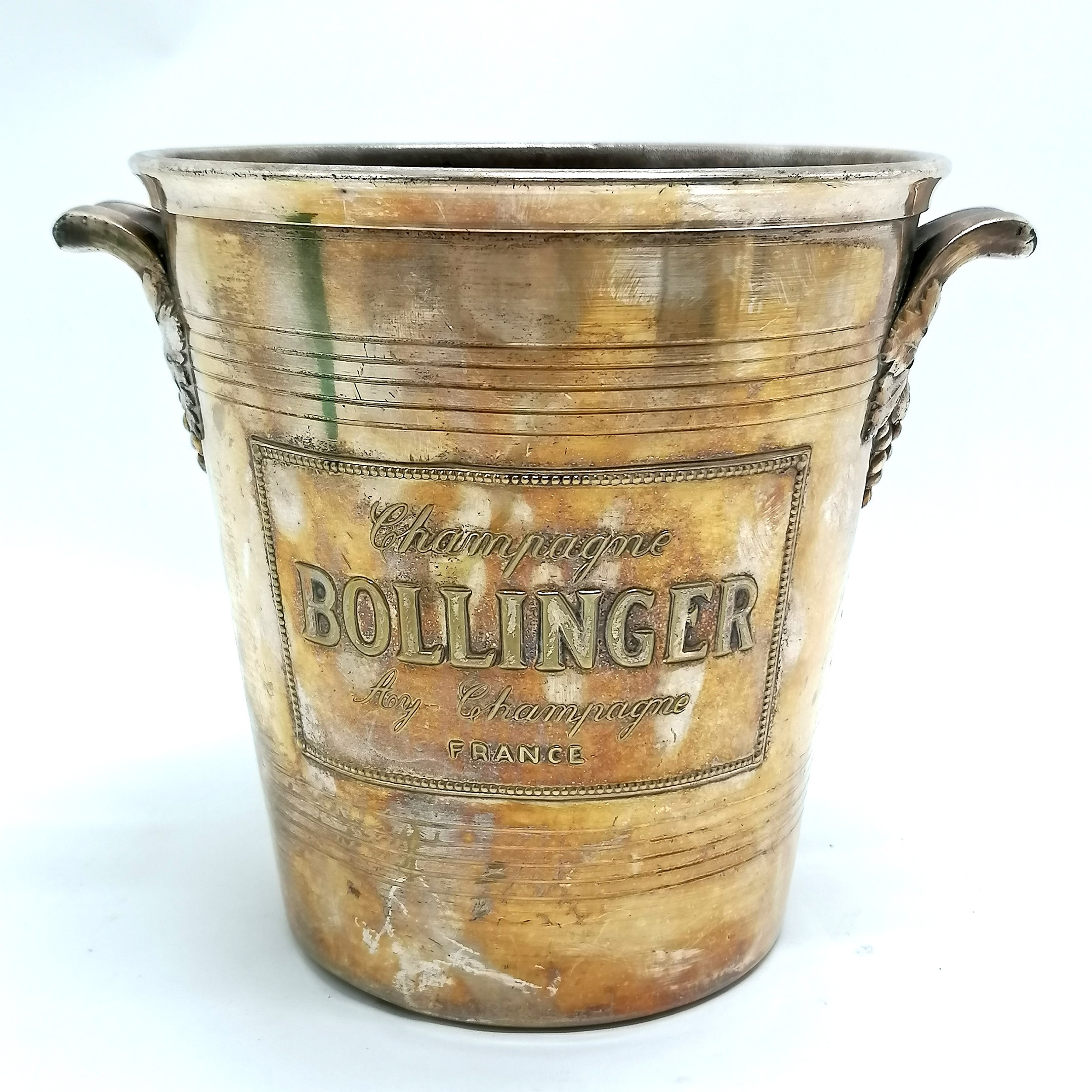 French silver plated Bollinger Champagne bucket by Argit with grape detail handles 21cm high x