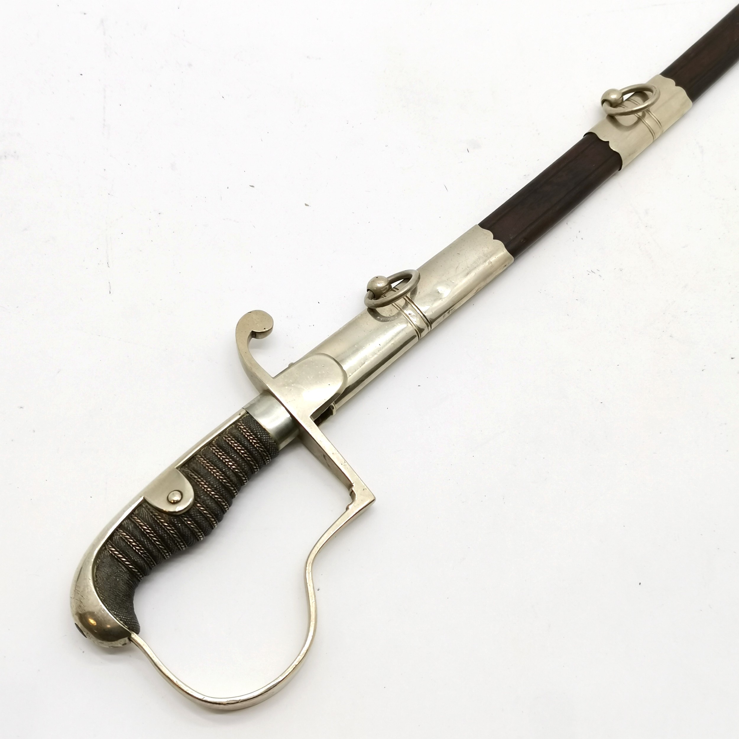 Antique sword with nickel handle with etched blade in original nickel mounted leather scabbard - - Image 2 of 5