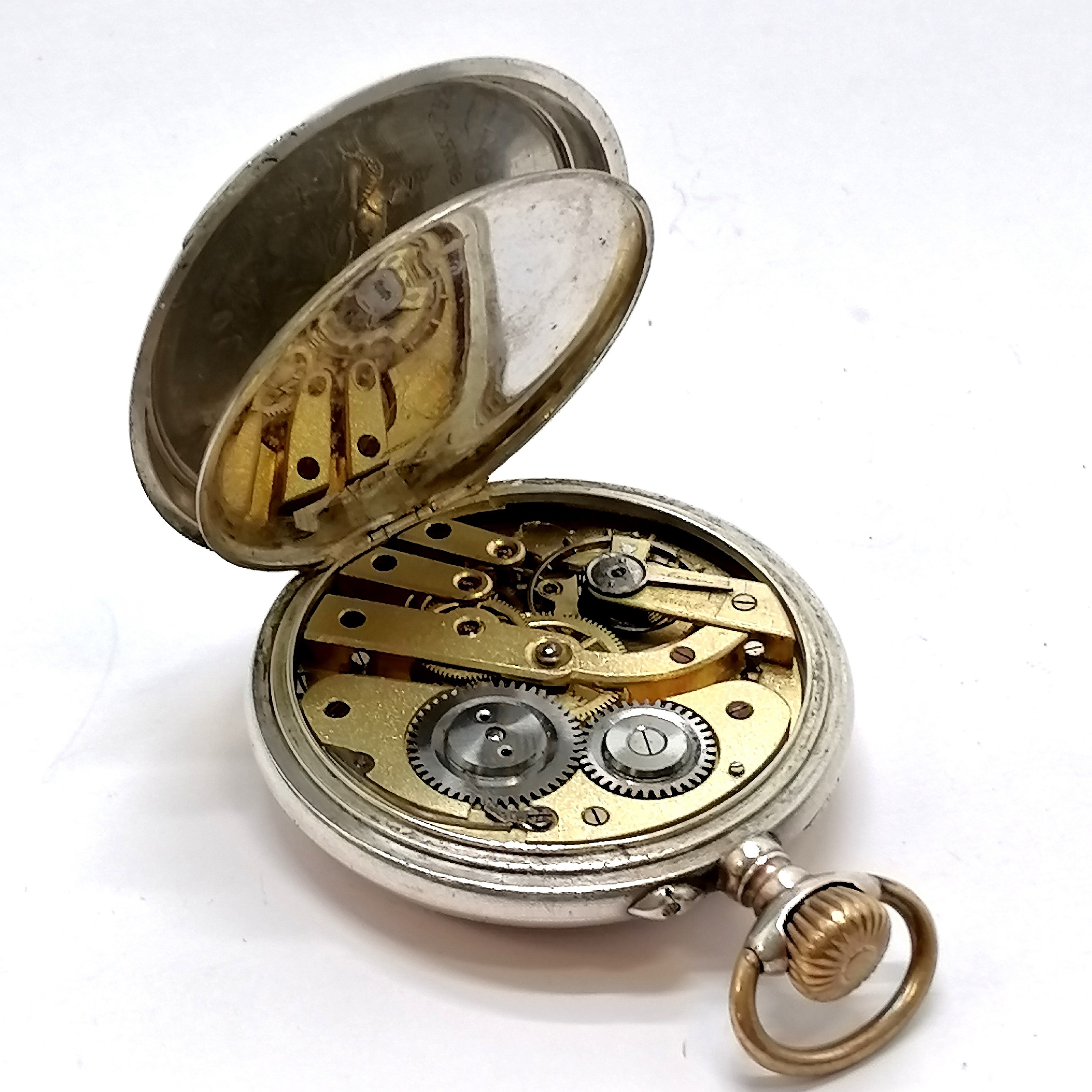 800 silver marked pocket watch with armorial crest to reverse and unmarked gold detail to bezel - Image 3 of 4