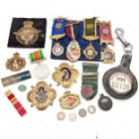 WWII medal, RAF blazer badge, RAOB medals (2 are silver), swimming medallion, bus drivers badge etc