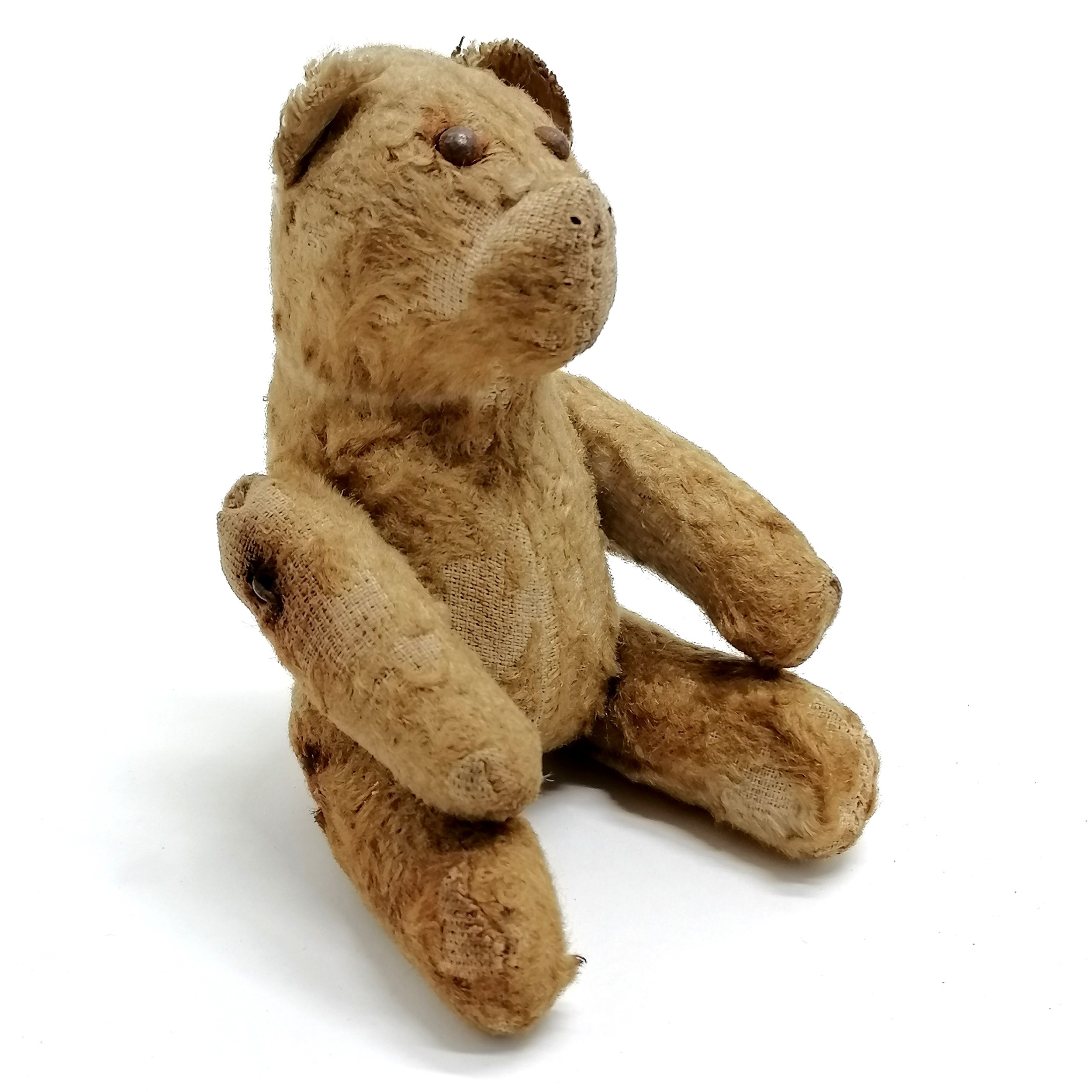 Antique jointed miniature mohair bear with metal button eyes - 13cm tall - in loveworn condition - Image 5 of 5