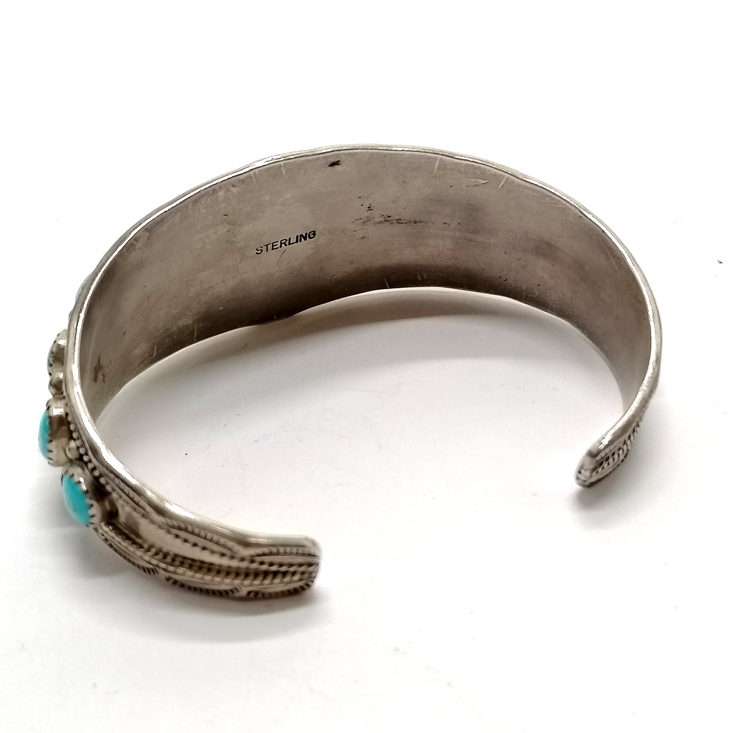 Sterling silver turquoise set cuff bangle - 32g total weight - Image 2 of 2