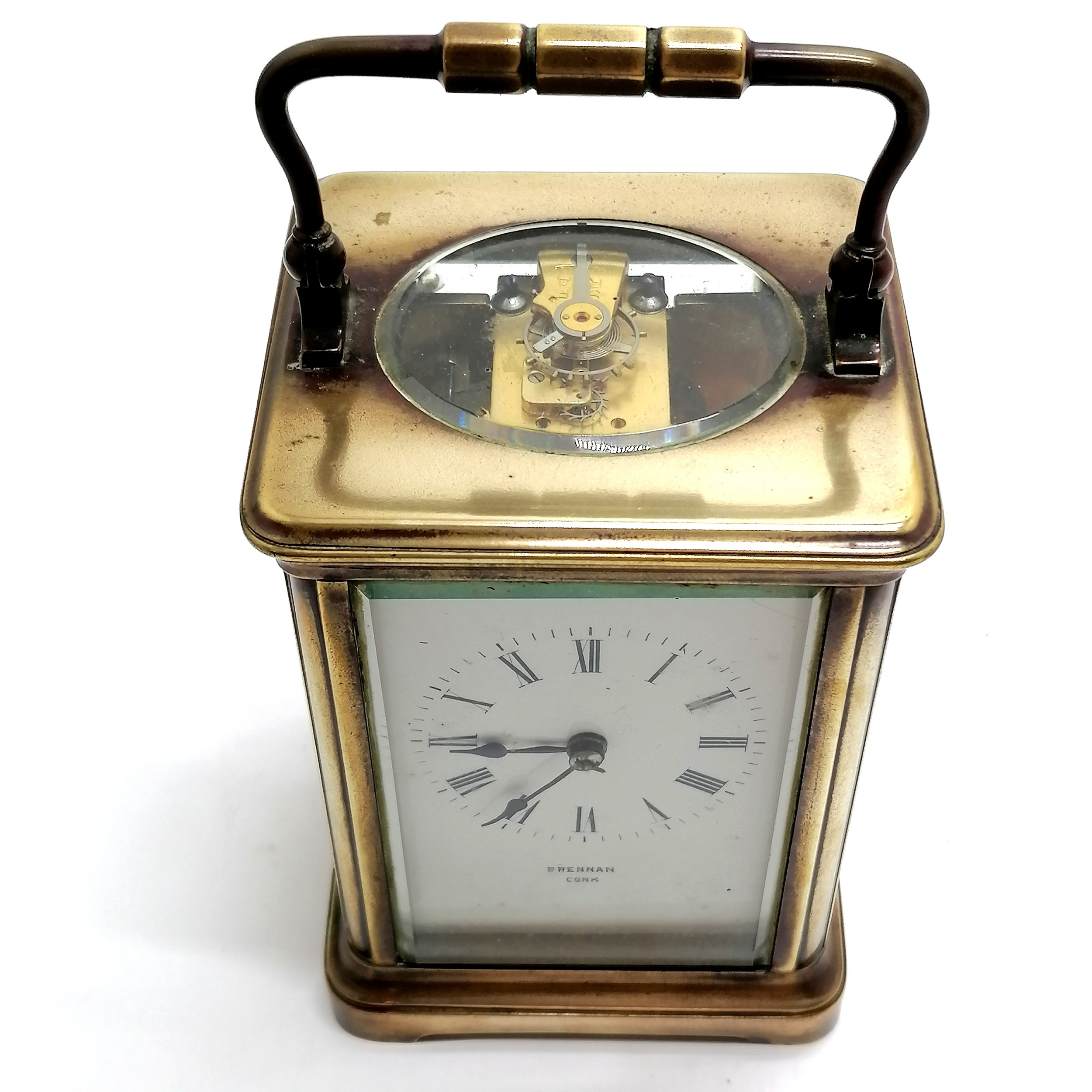 Antique brass carriage clock marked Brennan Cork to porcelain dial - 12cm high x 9cm x 8cm ~ has key - Image 3 of 6