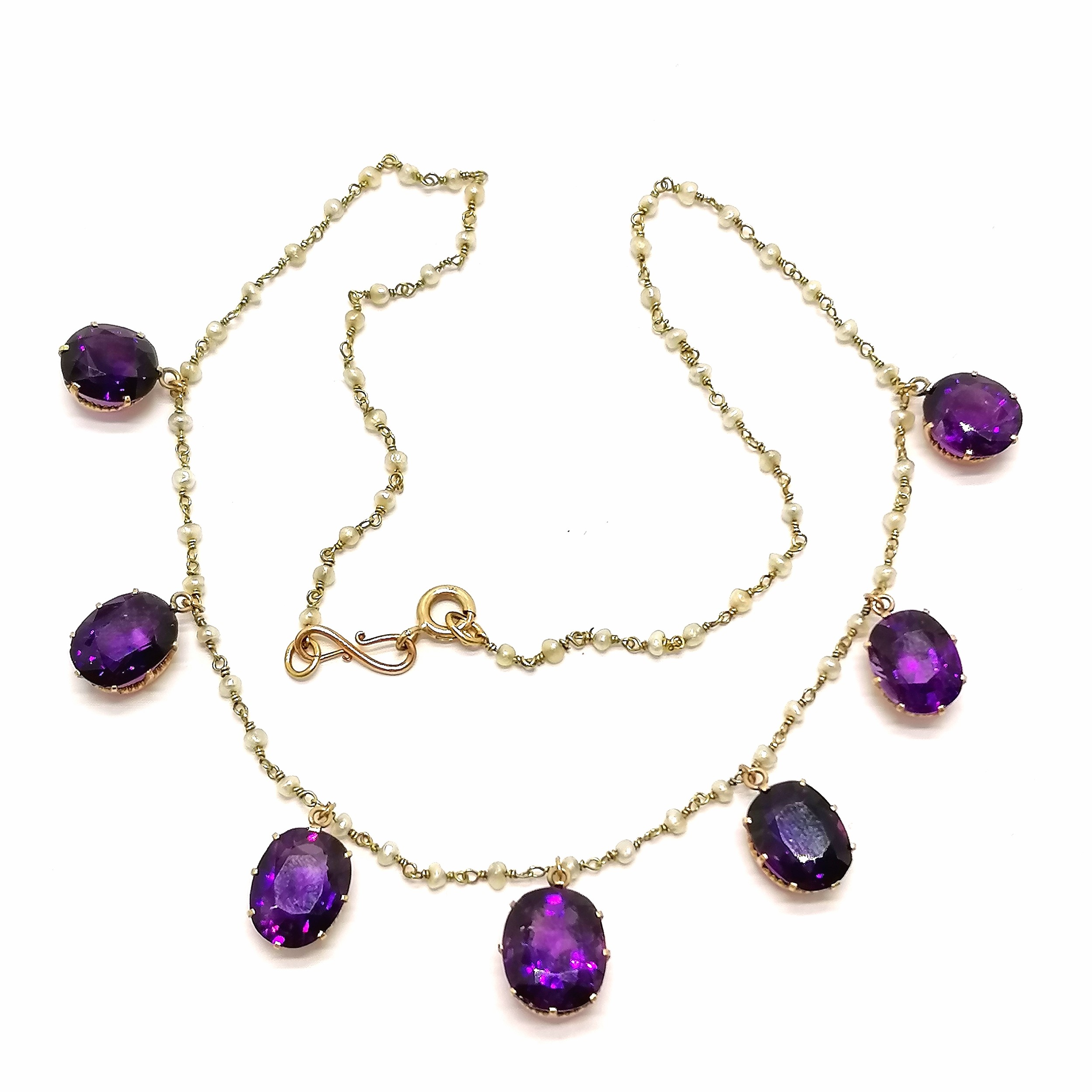 Antique unmarked gold seed pearl / amethyst stone set necklace - 39cm & 9.9g total weight in an - Image 7 of 8