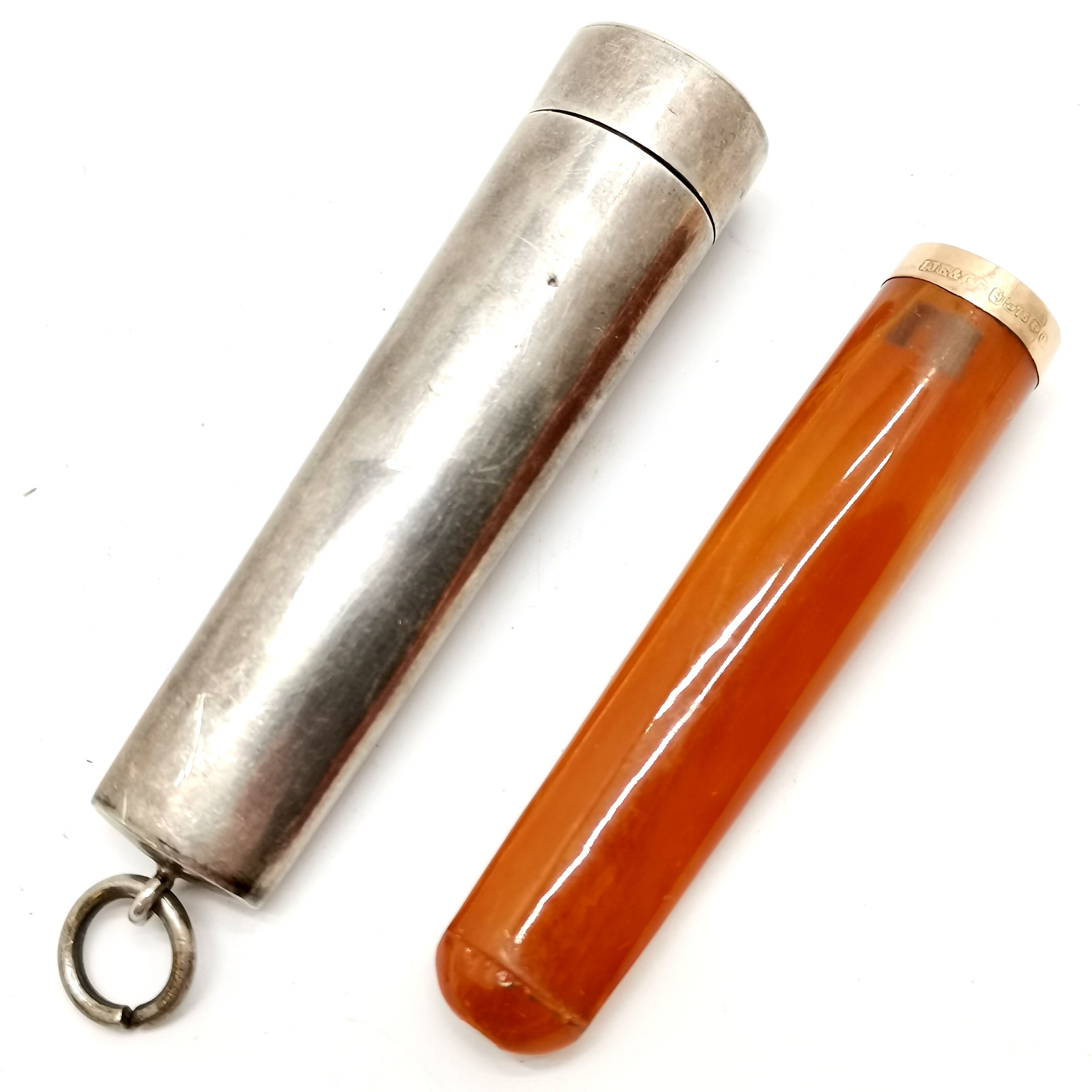 1902 silver hallmarked case with gilded interior t/w amber & 9ct gold hallmarked rim cheroot cigar