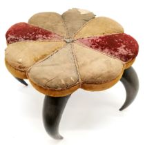 Antique cow horn creature stool with original upholstery a/f - top diameter 43cm x 30cm high