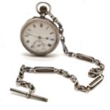 Antique silver cased pocket watch (45mm case) on a silver marked fancy link 34cm albert chain (total