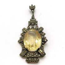 Large unmarked silver antique pendant set with citrine & marcasite - 6cm & 13g total weight & no