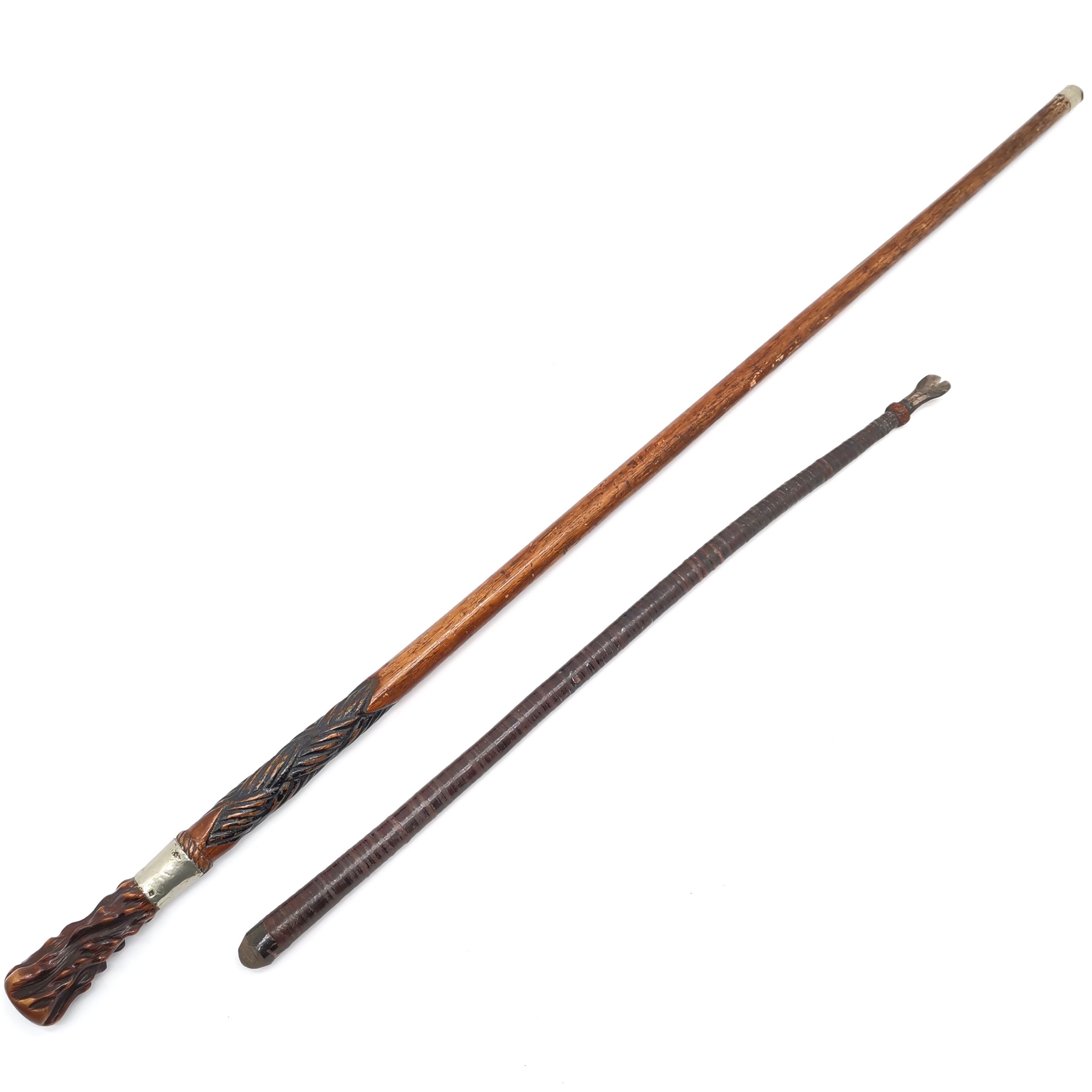 Antique hand carved walking stick with root wood handle and nickel mounts - 88cm long t/w cosh. - Image 2 of 4