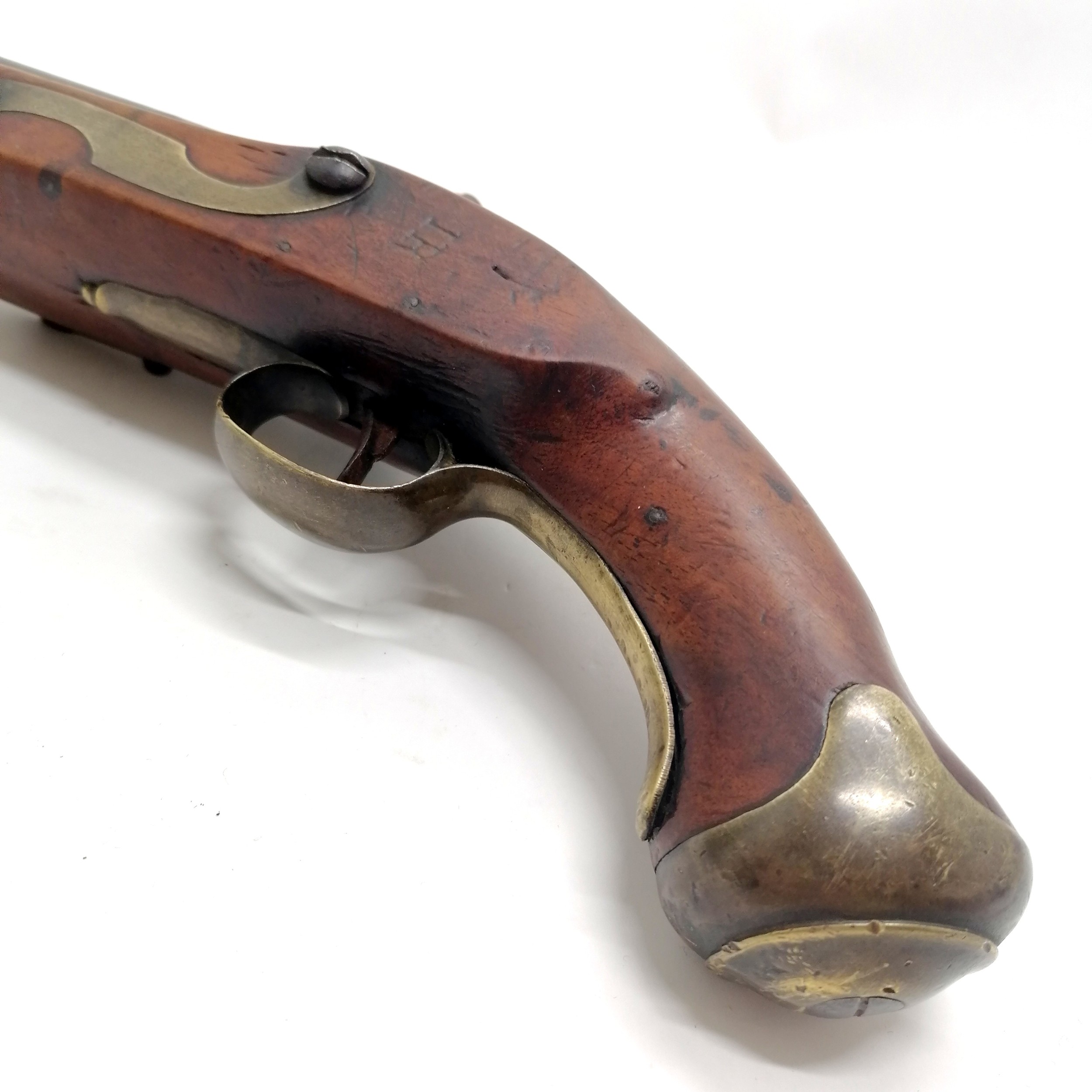 Antique c.1800 tower lock flintlock pistol with GR crown mark and has touchmarks to barrel & stamped - Image 7 of 11