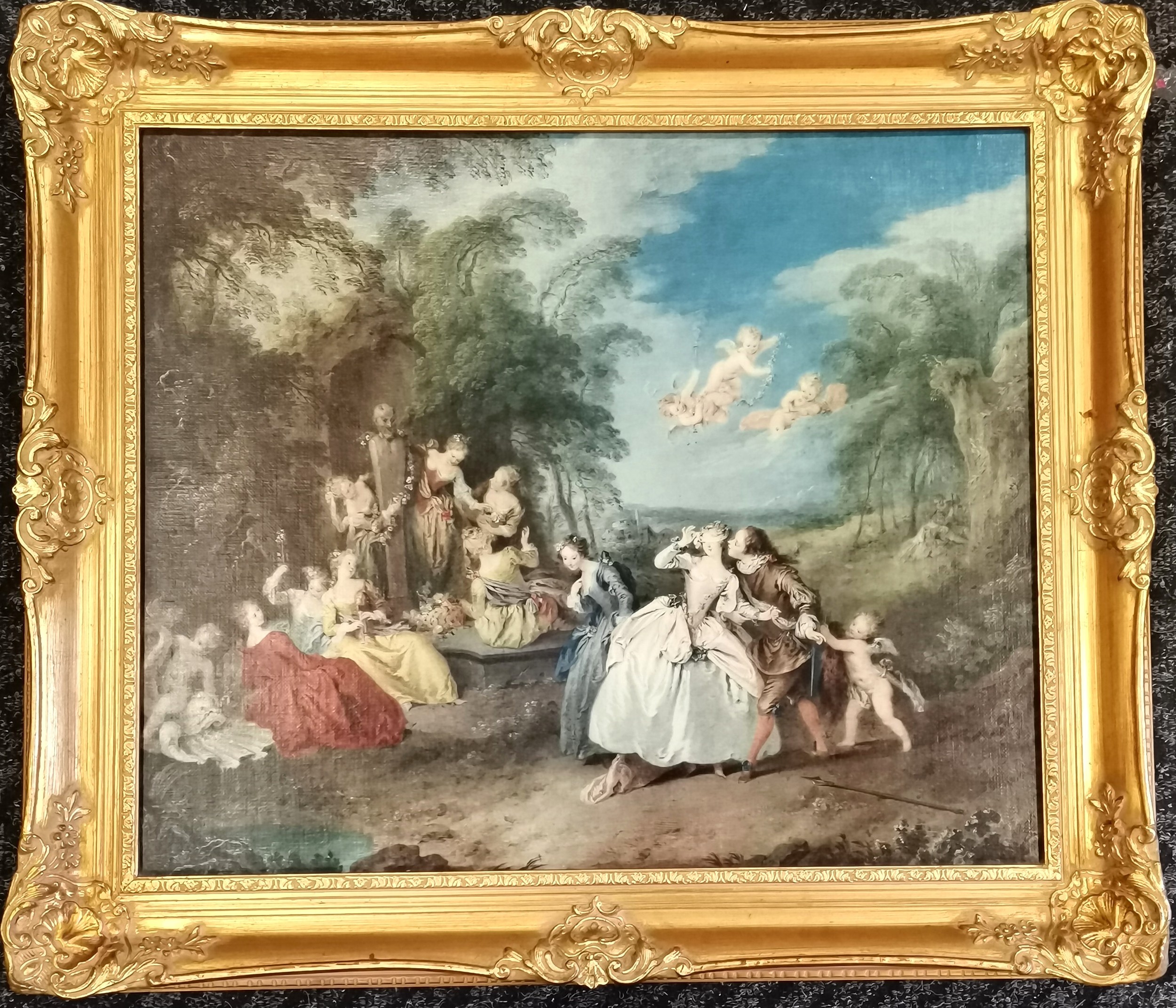 Gilt framed print of a Classical garden scene with cherubs, good overall condition, 75cm wide x 65cm
