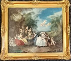 Gilt framed print of a Classical garden scene with cherubs, good overall condition, 75cm wide x 65cm