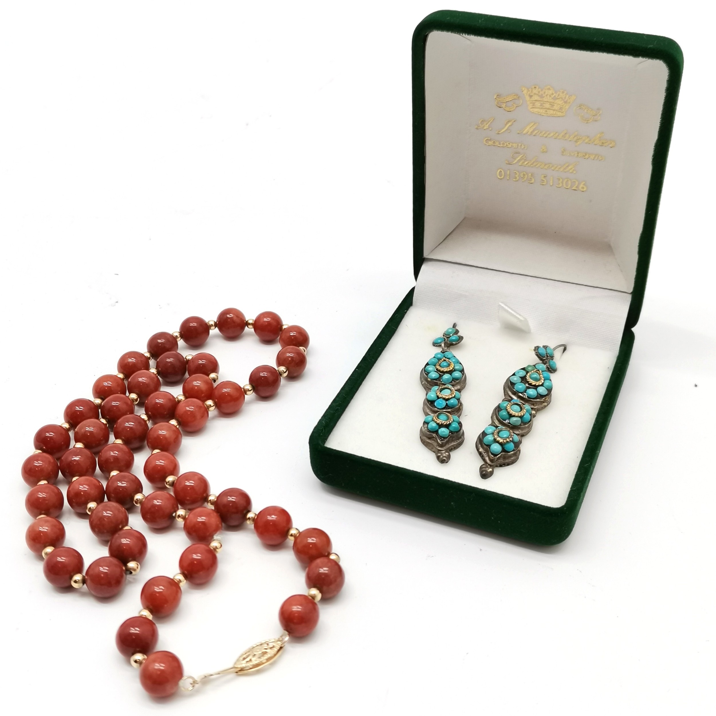 Pair of 925 silver turquoise stone set earrings (5.5cm) t/w Strand of hardstone beads with 14ct - Image 4 of 4