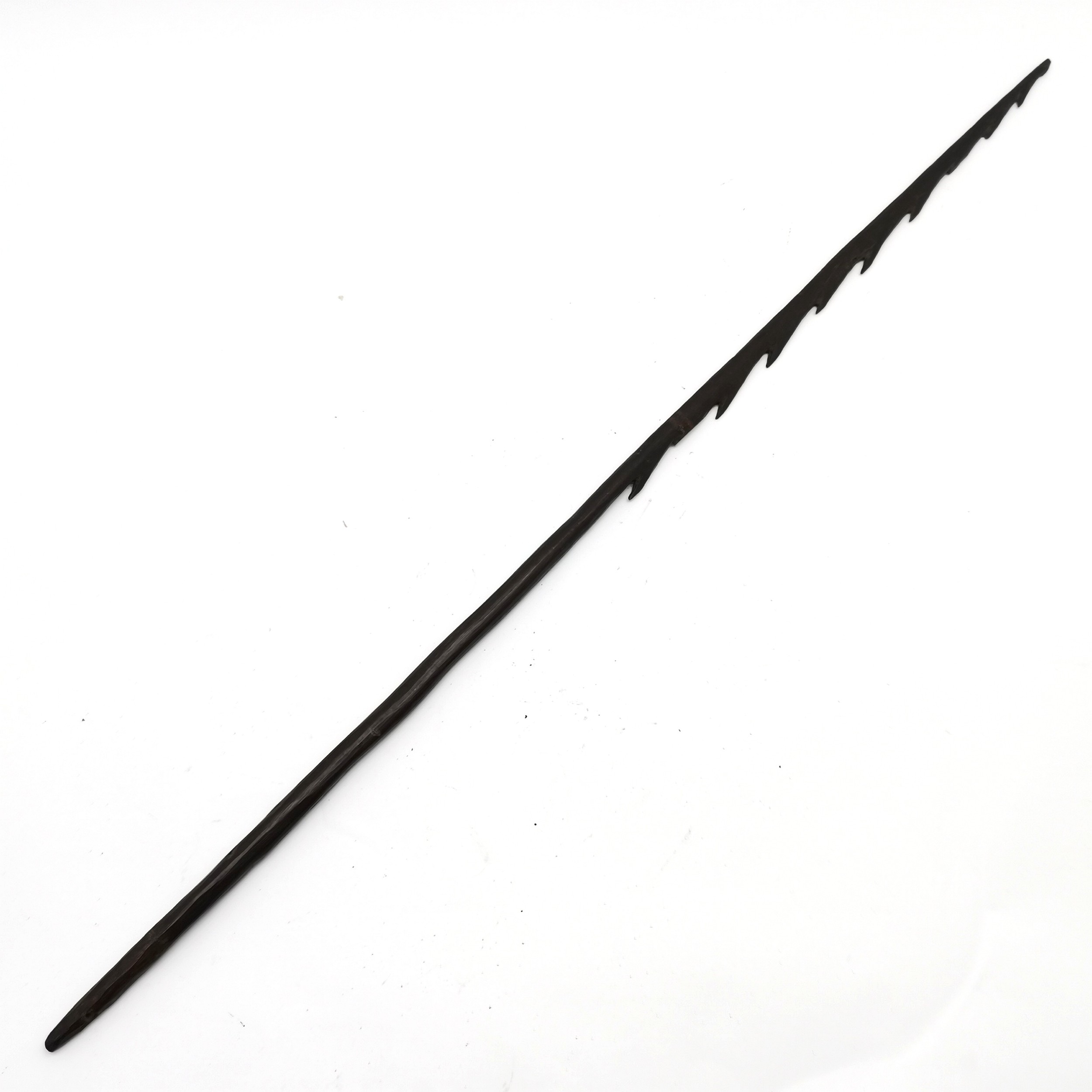 Antique ethnic wooden fishing spear with barbed detail - has losses - 92cm long.