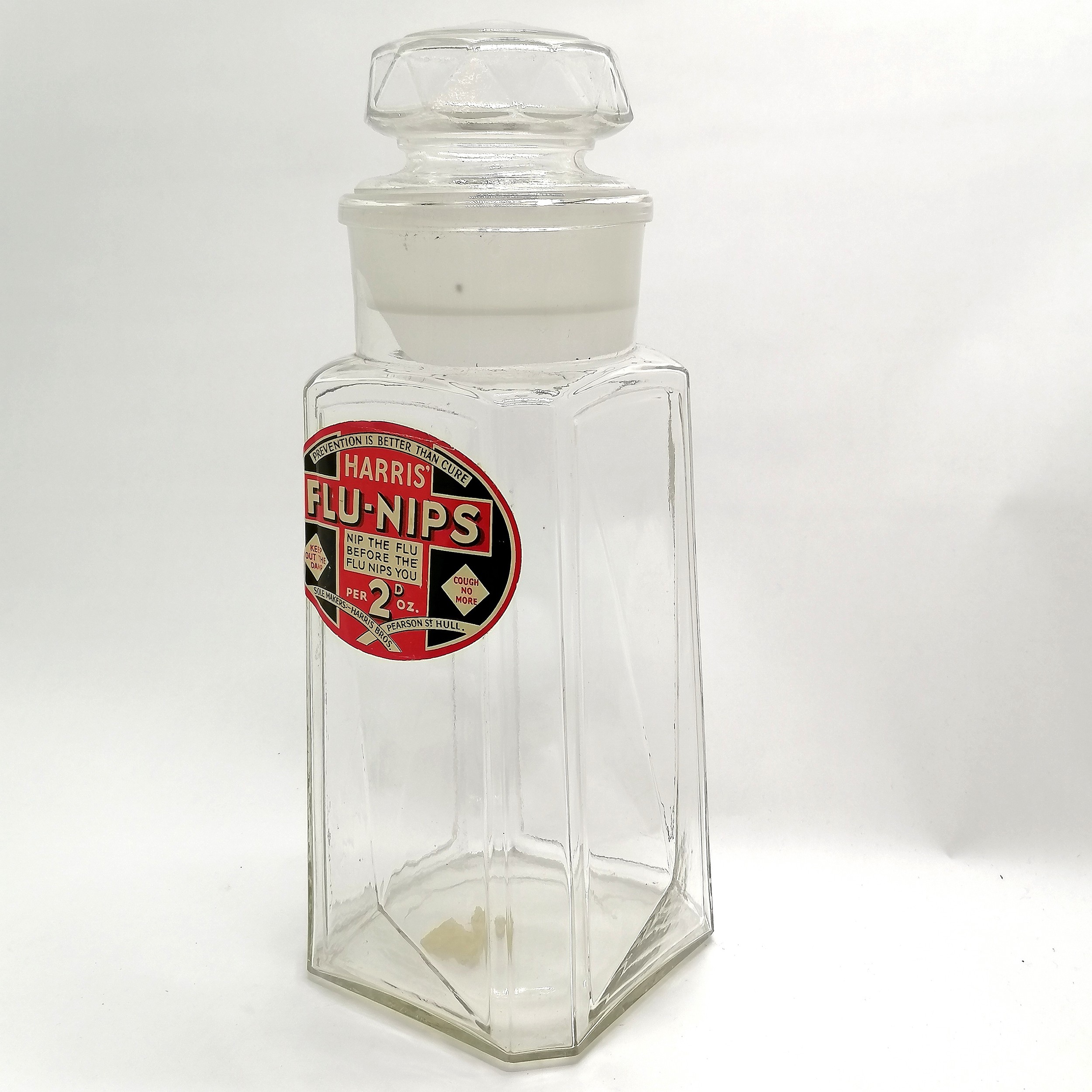 Harris' Flu-nips large glass sweets jar with original bung - 37cm high & small chip to rim otherwise - Image 6 of 6