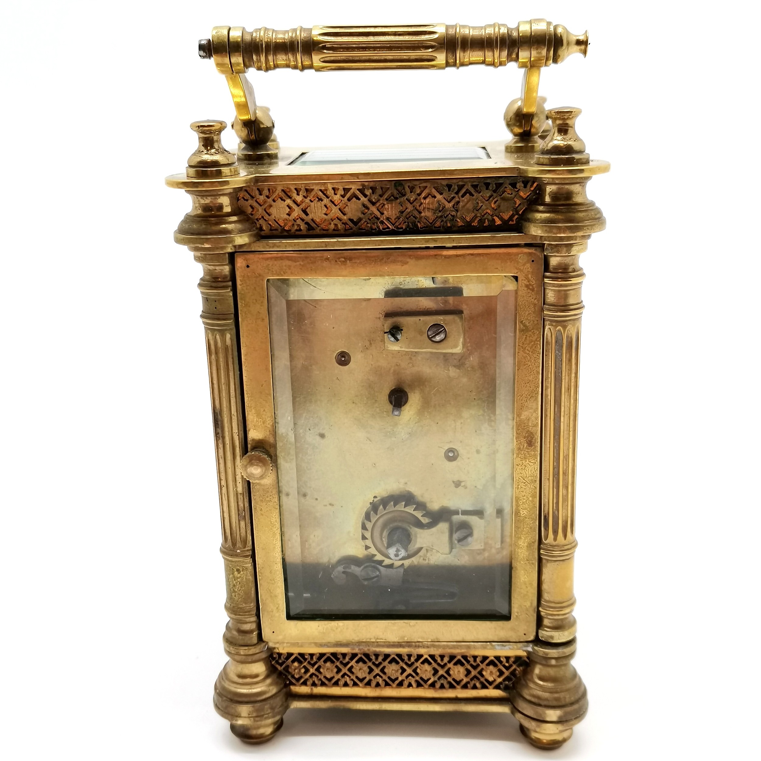 Antique brass cased carriage clock with fluted column detail - 13cm high & running at time of - Image 2 of 5