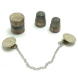 Silver Leonore Doskow hand made cape clip, R Blackinton & Co silver pill box & 2 x thimbles