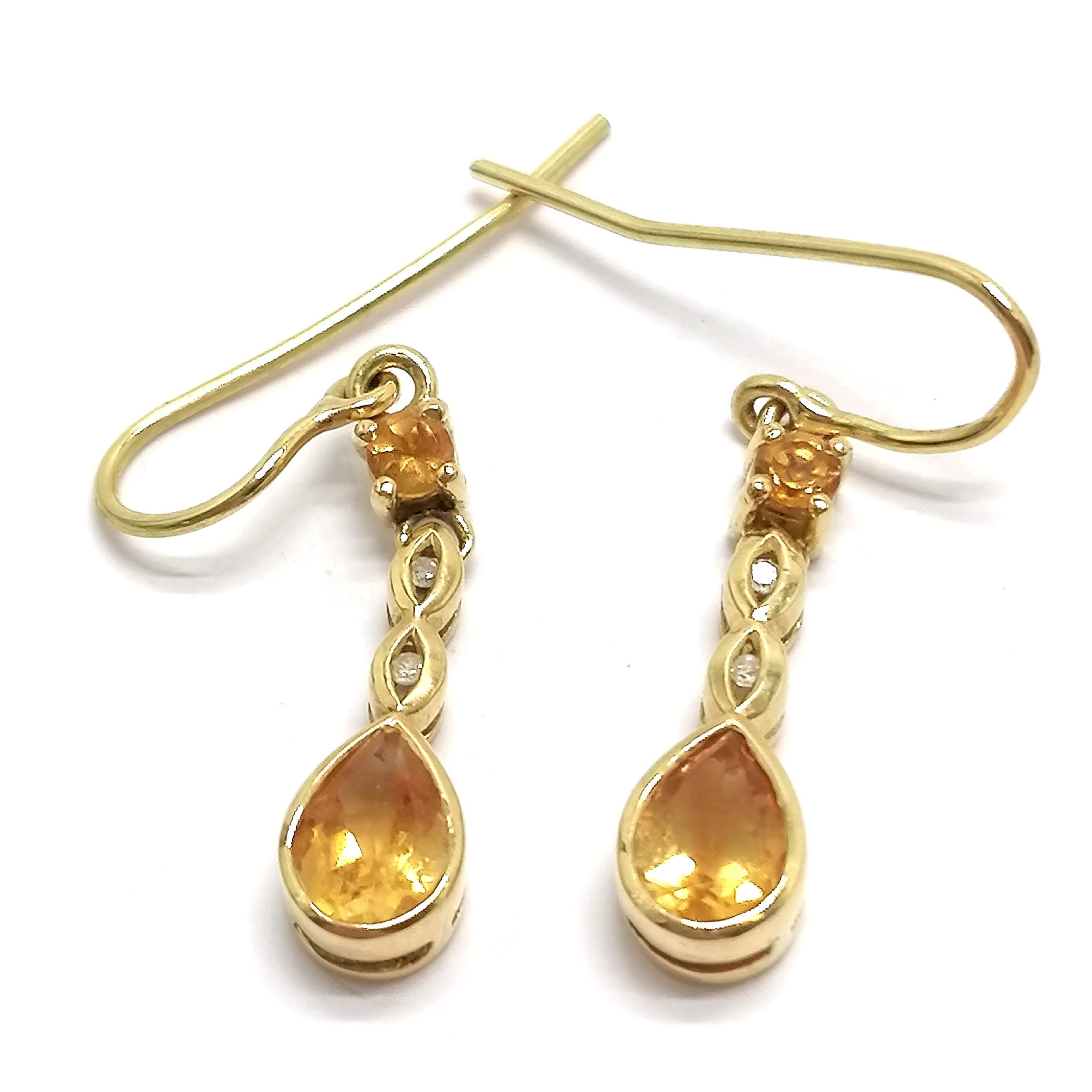 Pair of unmarked 18ct gold diamond & pear shaped citrine stone set drop earrings - 3cm & 4.2g - Image 5 of 5