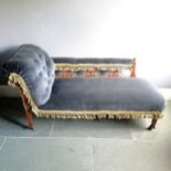 Antique oak framed chaise longue upholstered in grey 84cm high x 170cm long x 67cm deep