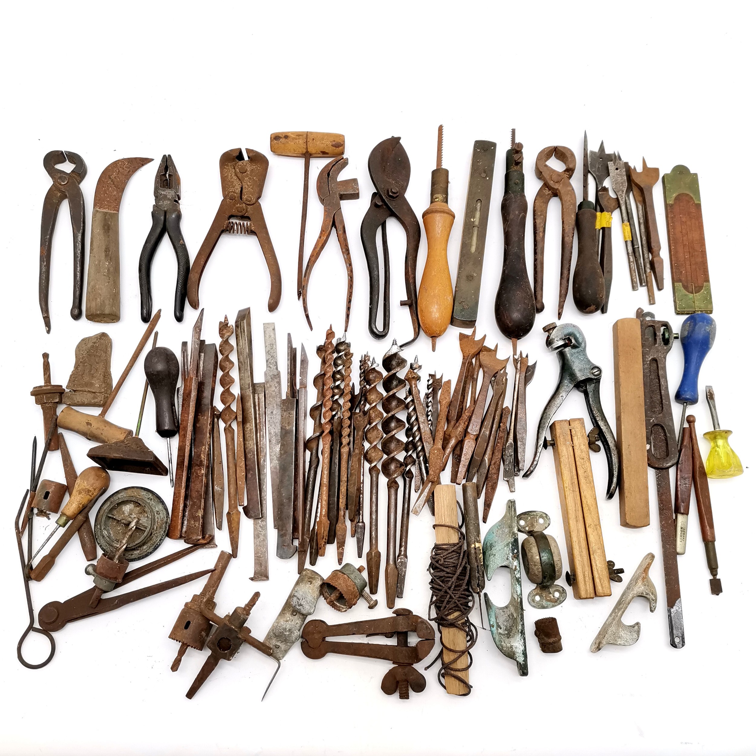 Collection of assorted vintage tools to include drill bits, pliers etc.
