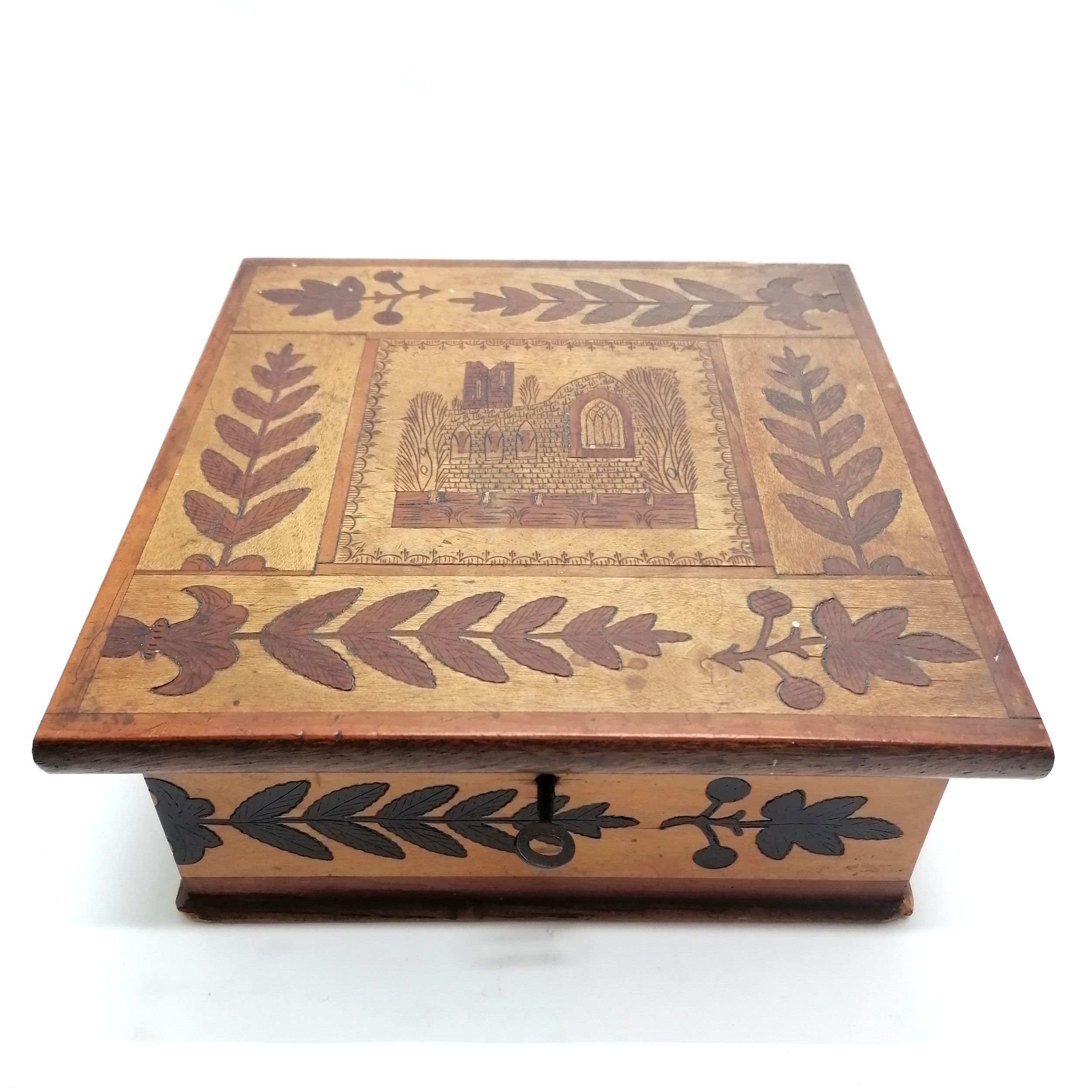 Antique Irish Killarney ware box with parquetry detail of an abbey / church with oak leaf detail and