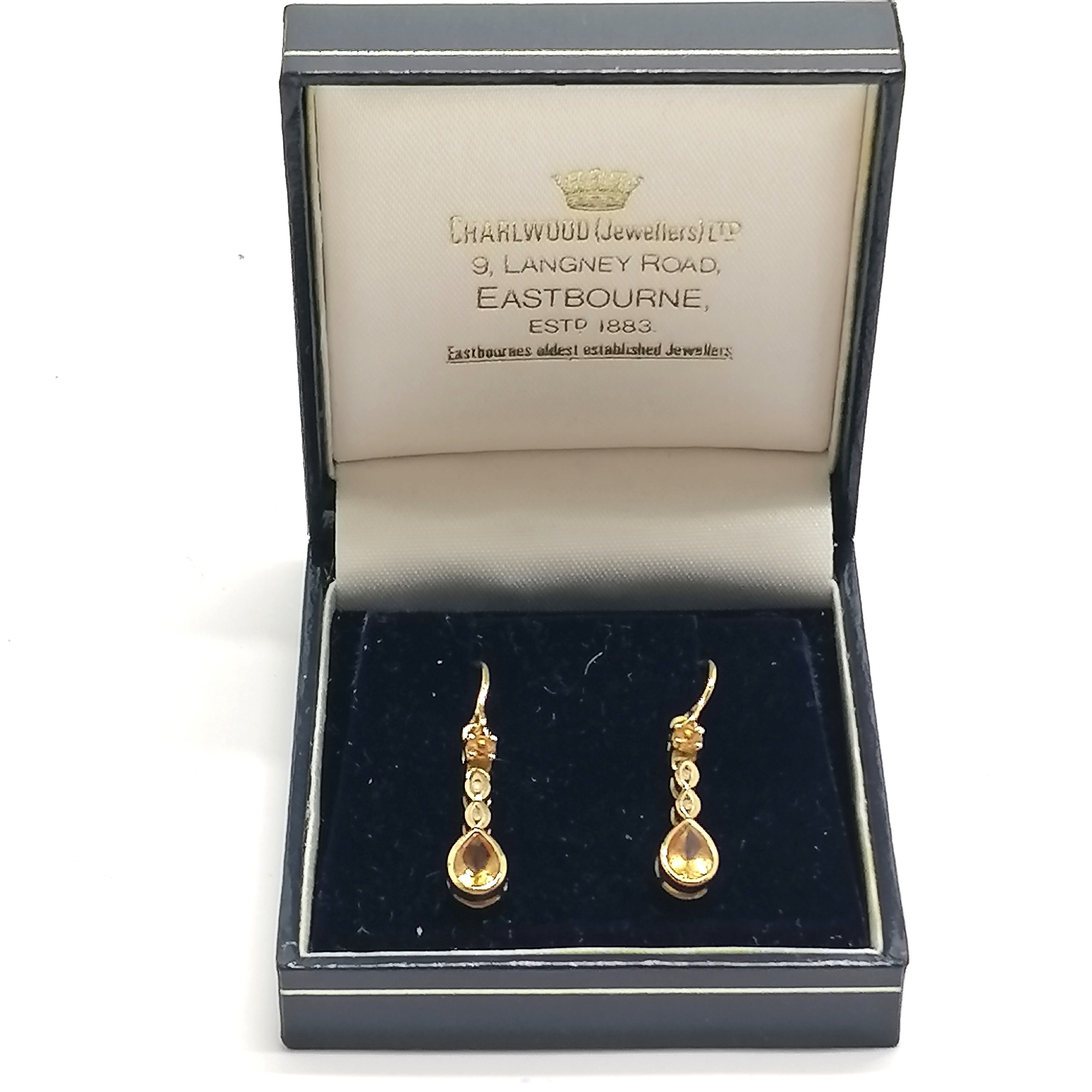 Pair of unmarked 18ct gold diamond & pear shaped citrine stone set drop earrings - 3cm & 4.2g - Image 2 of 5