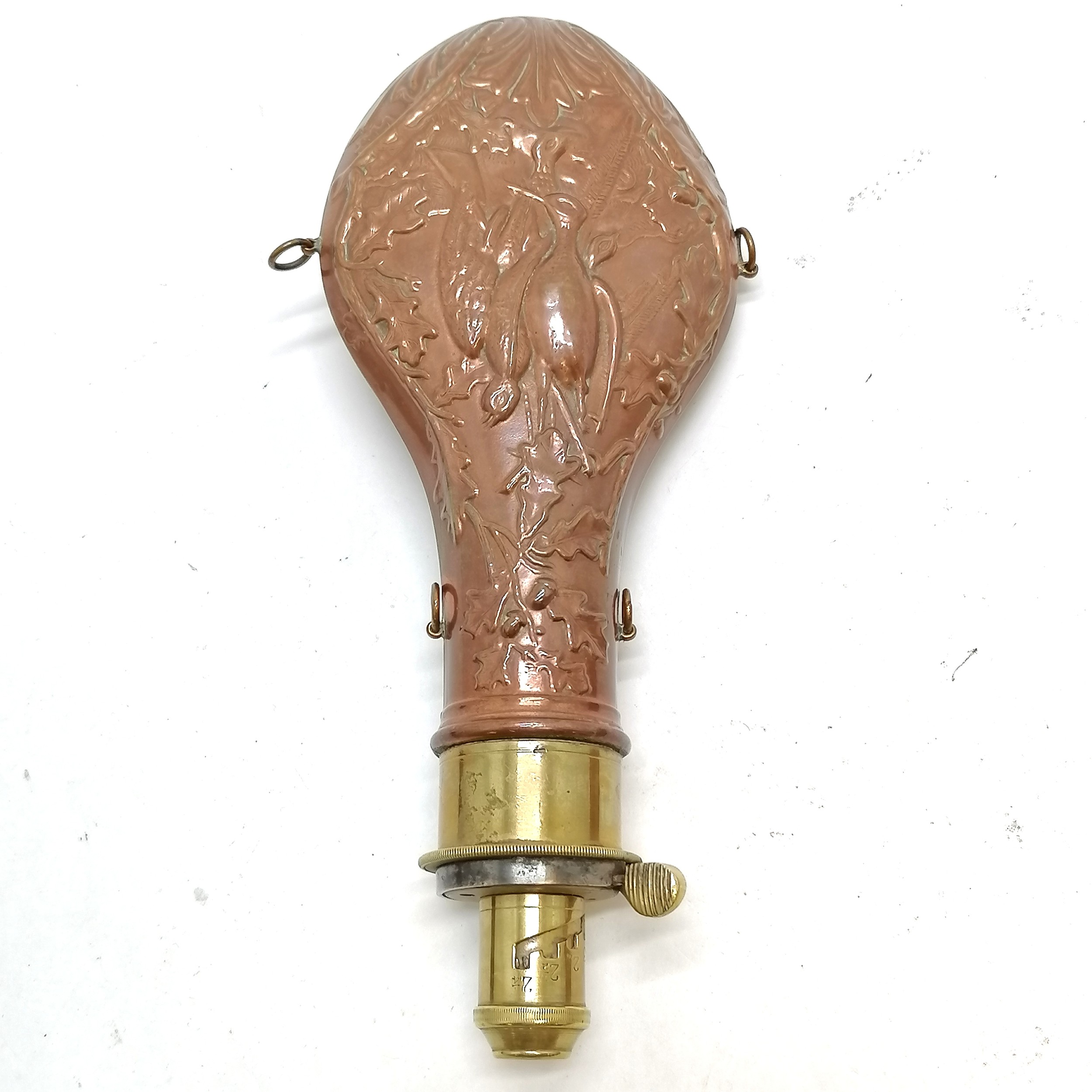 Vintage copper & brass shot powder flask by Handsome & Co RSTN - 21cm long and in overall good - Image 2 of 3
