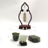 Hardstone carved jade phallus suspended on a stand - 19cm high t/w antique jade cup (a/f) etc