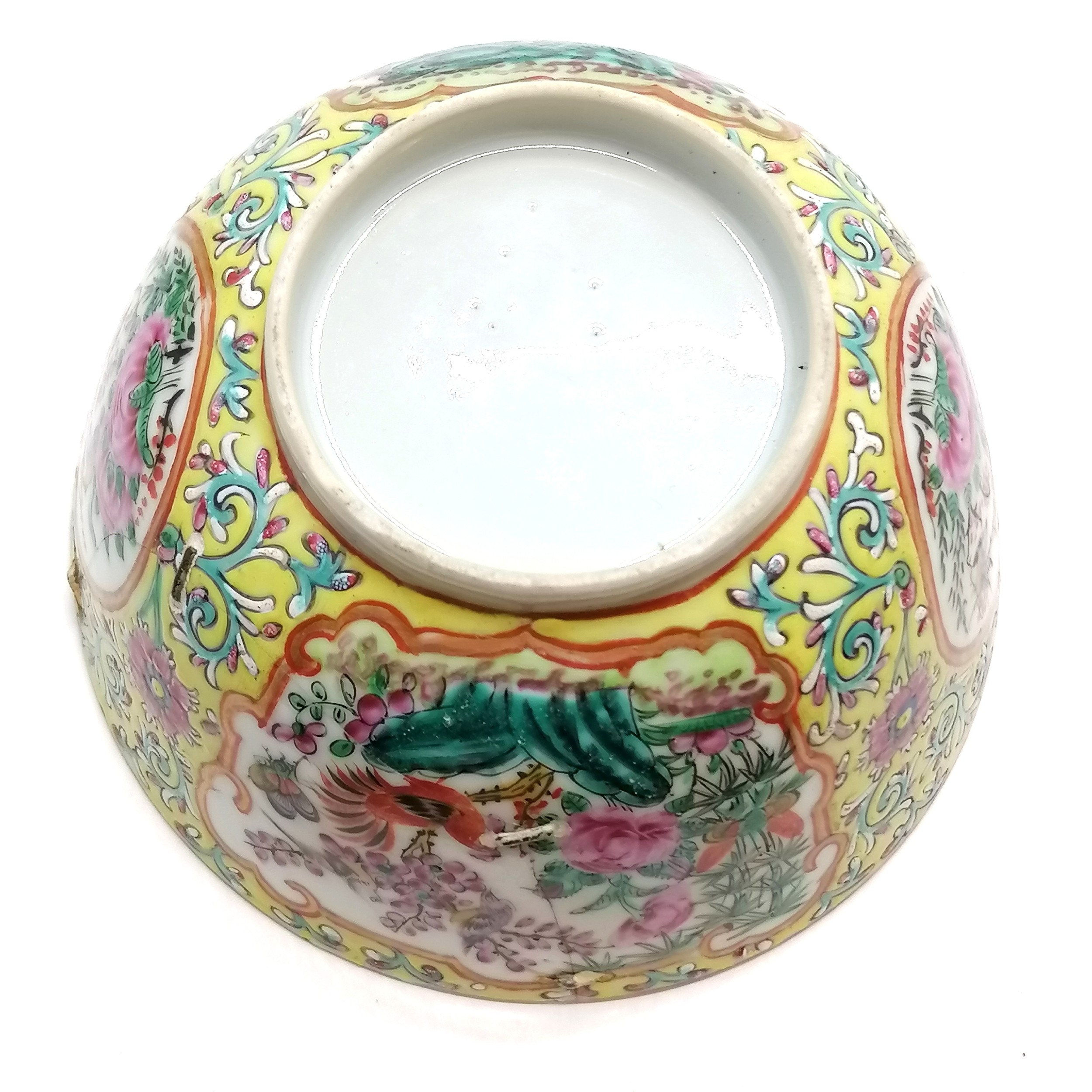 Antique Chinese famille rose bowl - yellow grounded with profuse floral & butterfly & bird (inc - Image 2 of 10