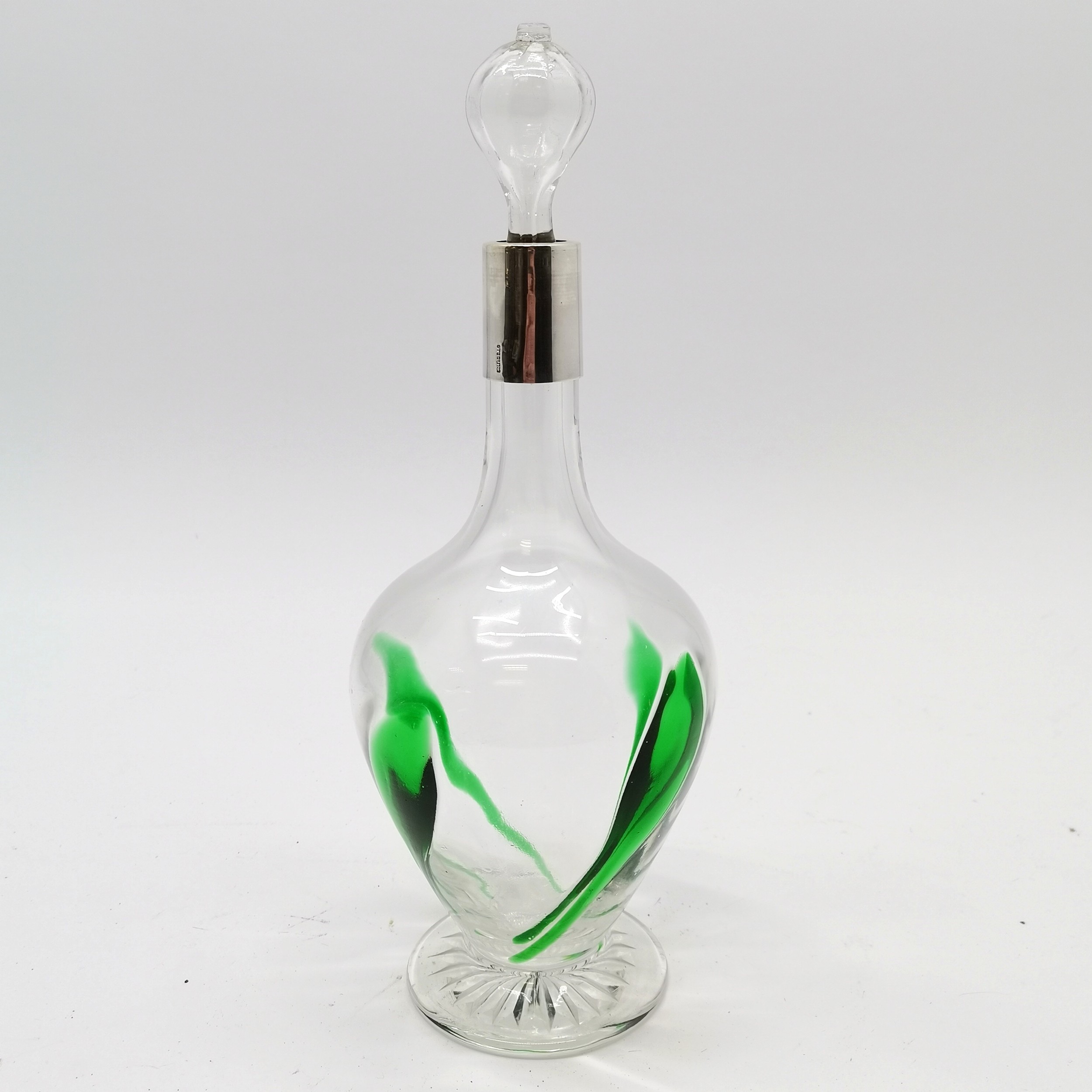 Sterling silver marked collar Art Nouveau glass decanter with green overlay swirl decoration, 30cm - Image 2 of 4