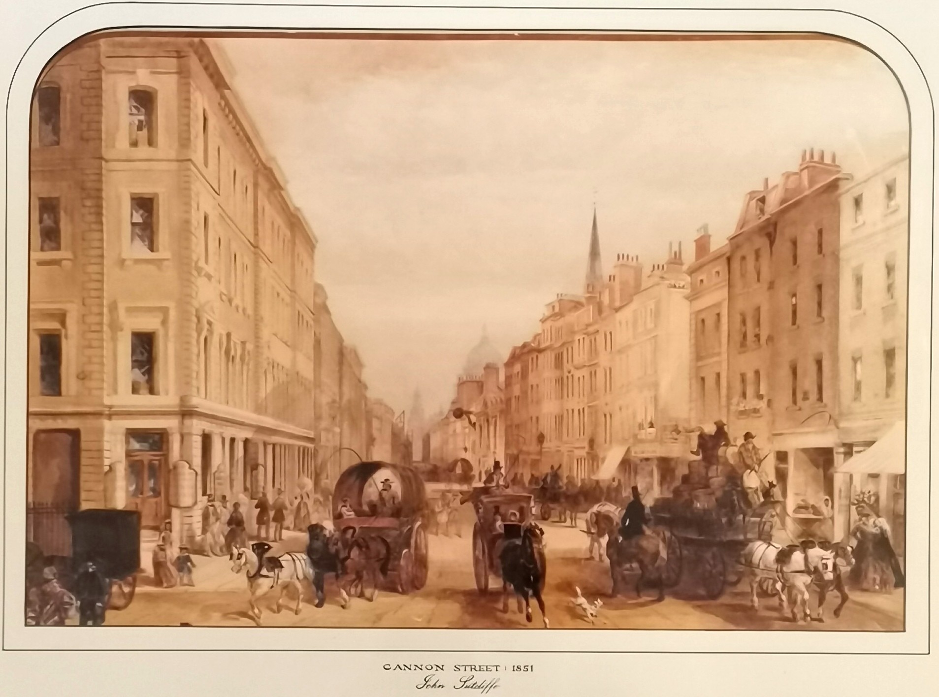 Framed John Sutcliffe print of Cannon Street 1851 85cm x 70cm - the print has slipped slightly in - Image 2 of 3