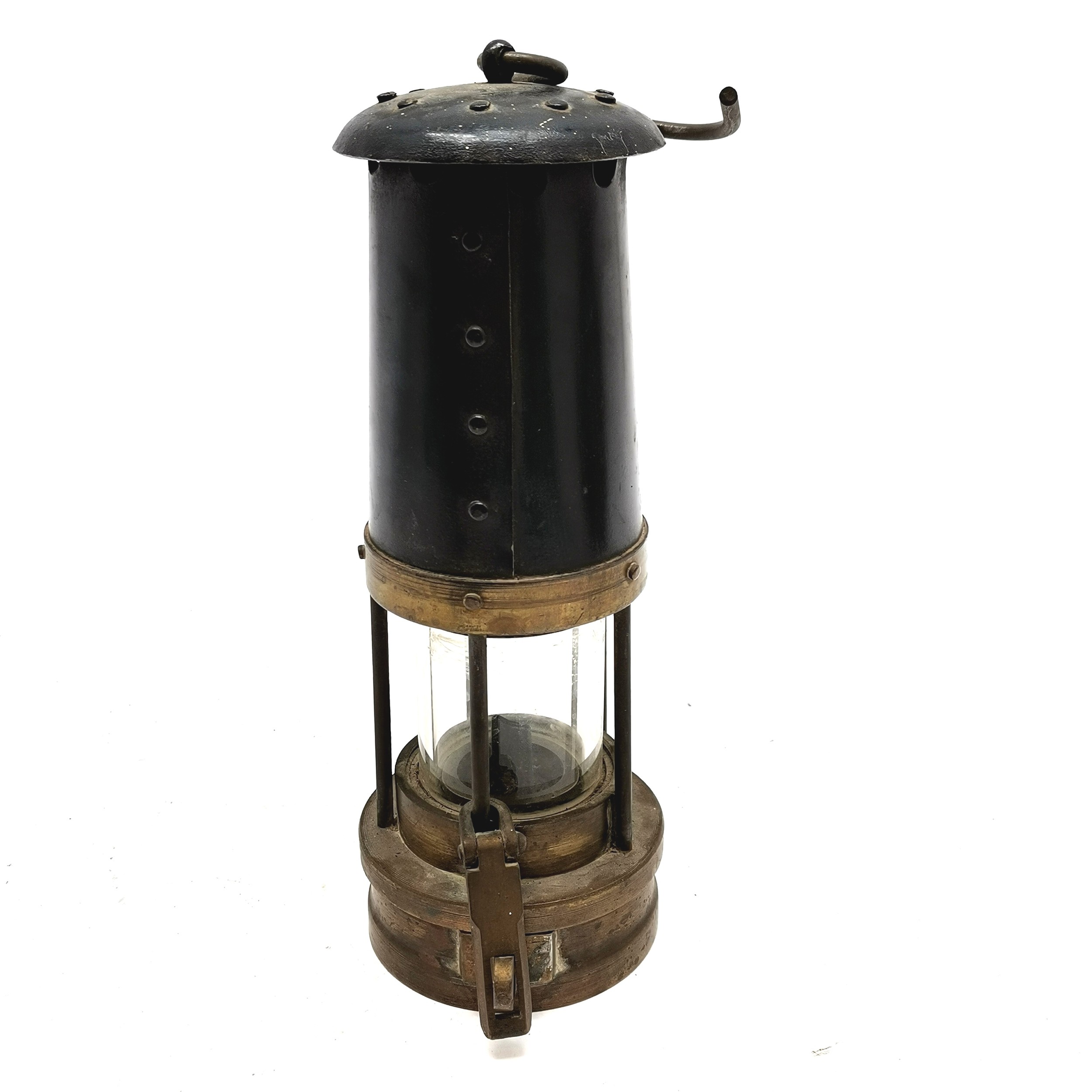 Vintage E Thomas & Williams (Aberdare) GPO miners lamp in brass & steel - 25cm high with no - Image 2 of 4