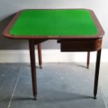 Reproduction mahogany fold over card table with inlaid & marquetry drawer terminating on 4 brass