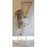 Vintage adjustable fish landing net, on bamboo handle, 135cm length, another, t/w 3 rod rests. all