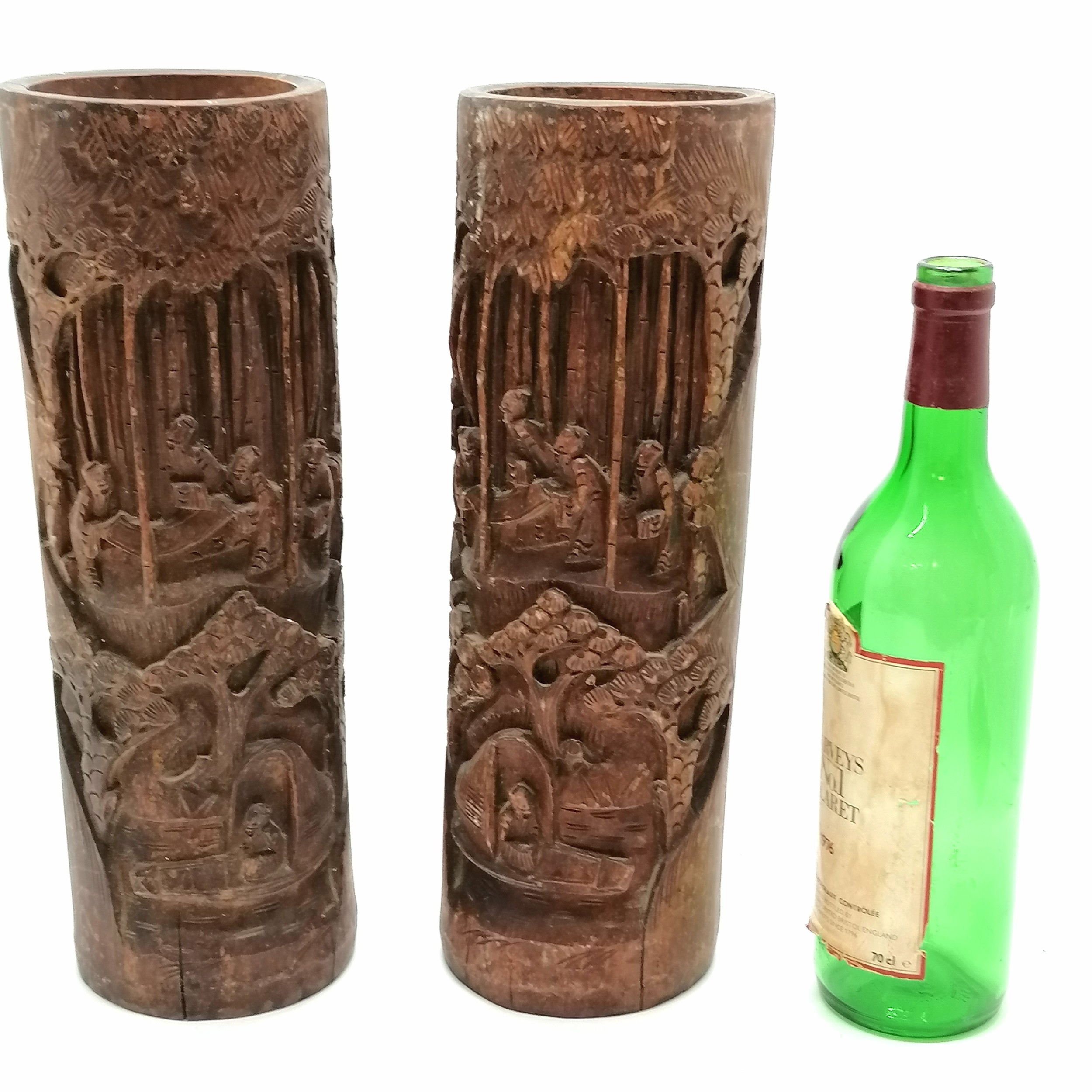 Pair of antique bamboo carved vases 34cm high - some small splits and discolouration to the surface - Image 5 of 5