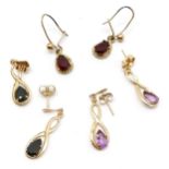 3 x pairs of 9ct gold stone set earrings - amethyst, garnet & sapphire - total weight 2.3g