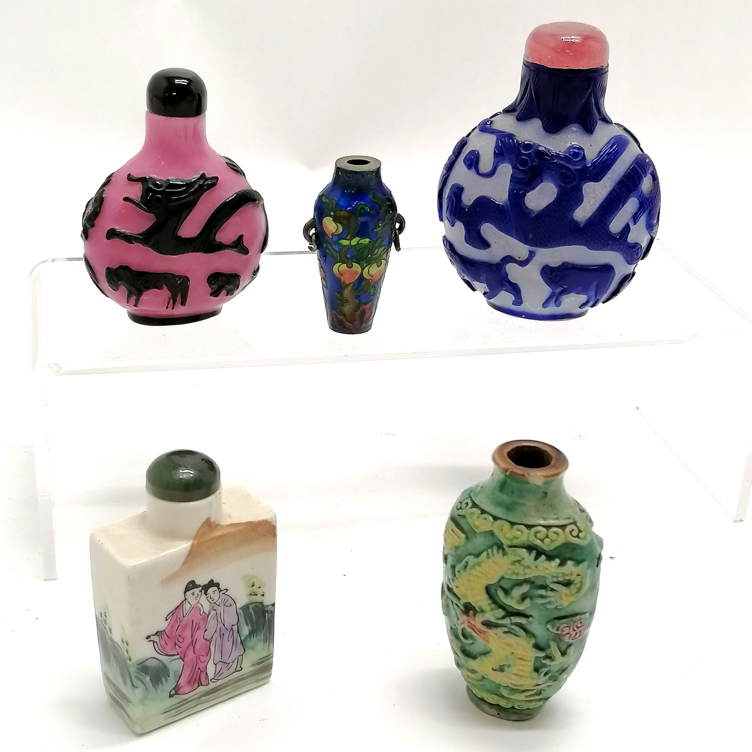 5 x Oriental Chinese snuff bottles - smallest cloisonne decorated 5cm & 2 lack stoppers ~ dragon has