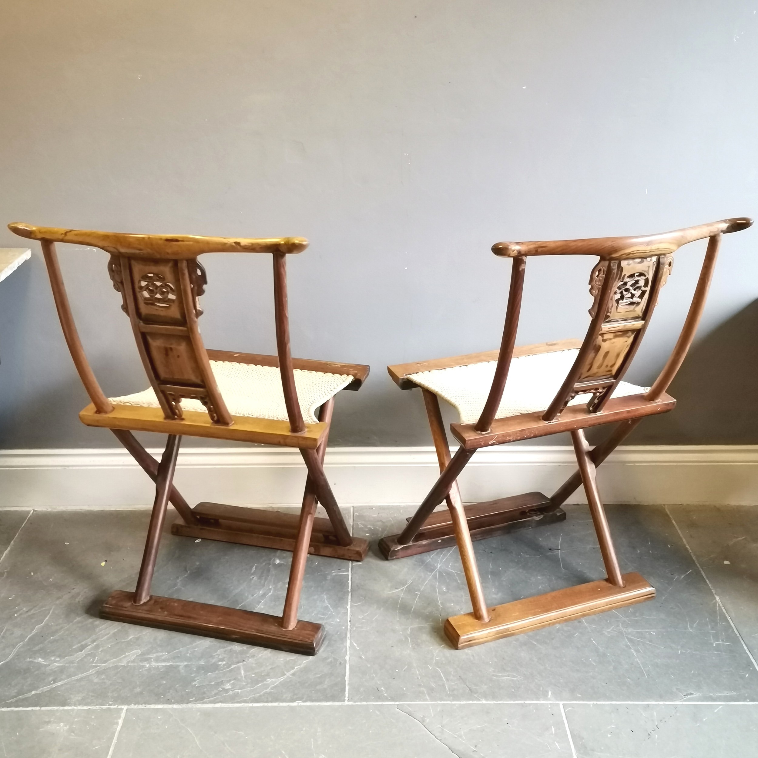 Pair of Chinese folding hardwood carved chairs with sisal seats. H97cm x D41cm x L55cm. In used - Image 2 of 7