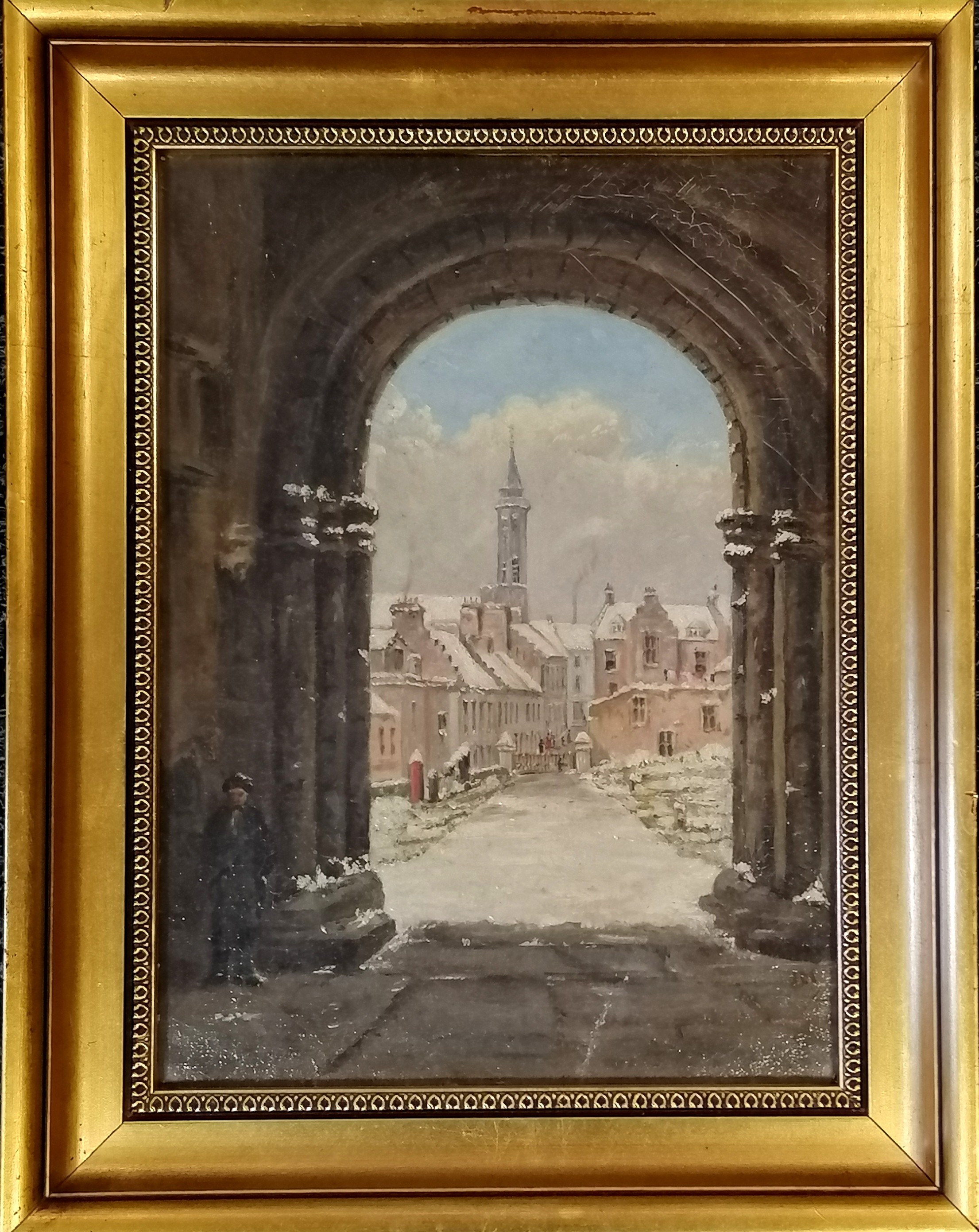 1876 antique oil painting of 'From the north porch Dunfermline Abbey' by JM (Jane Mandeville) - in a - Image 3 of 5