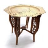 Oriental Chinese octagonal brass topped hand carved wooden folding table - 46cm high & 46cm top ~