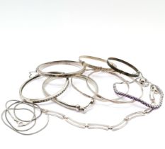 Qty of silver jewellery ~ 6 bangles inc stone set, 3 bracelets (1 unmarked) & 42cm neckchain - total