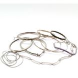 Qty of silver jewellery ~ 6 bangles inc stone set, 3 bracelets (1 unmarked) & 42cm neckchain - total