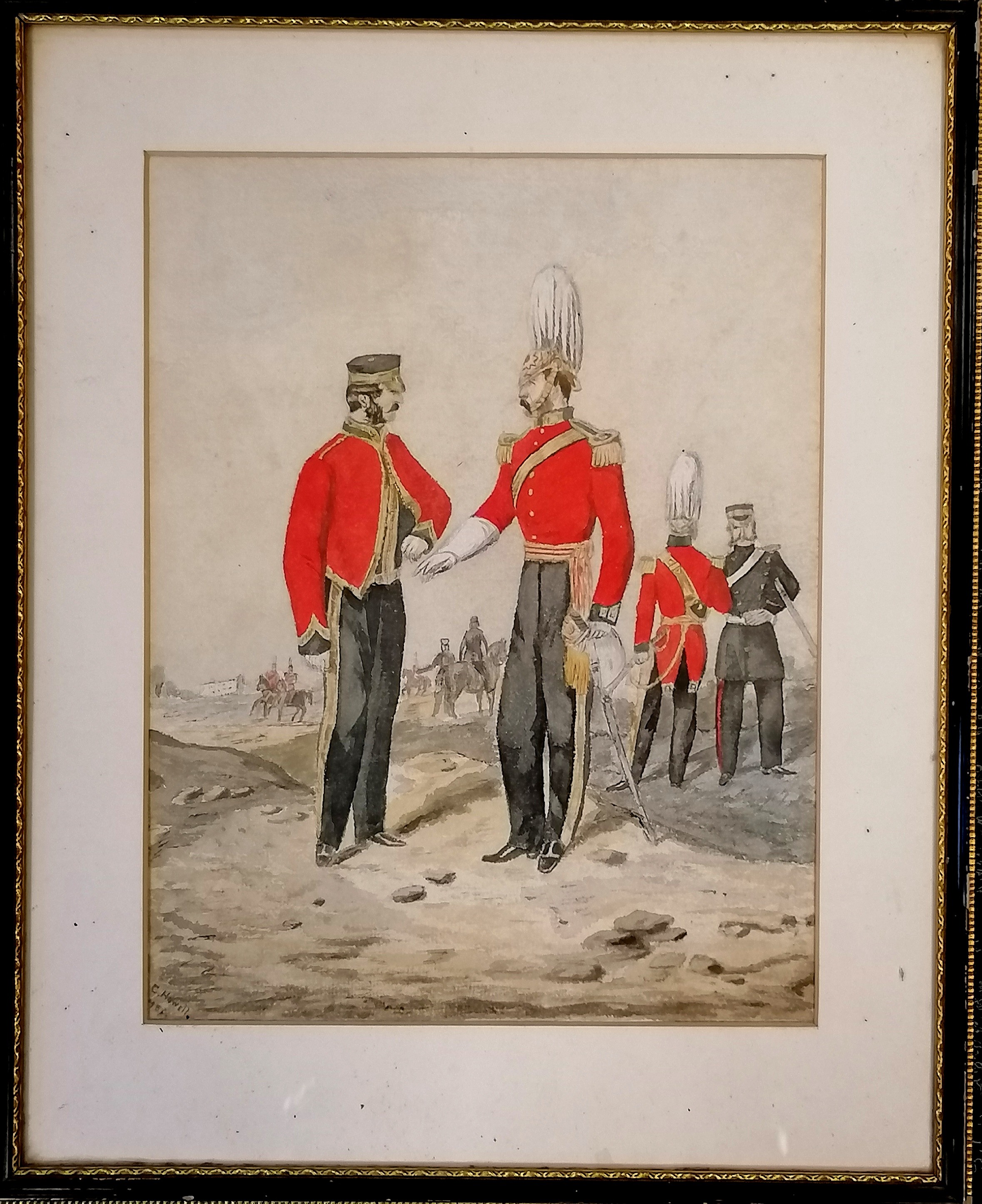 Watercolour painting of some military men signed C Howell - frame 40cm x 33cm - Image 4 of 4